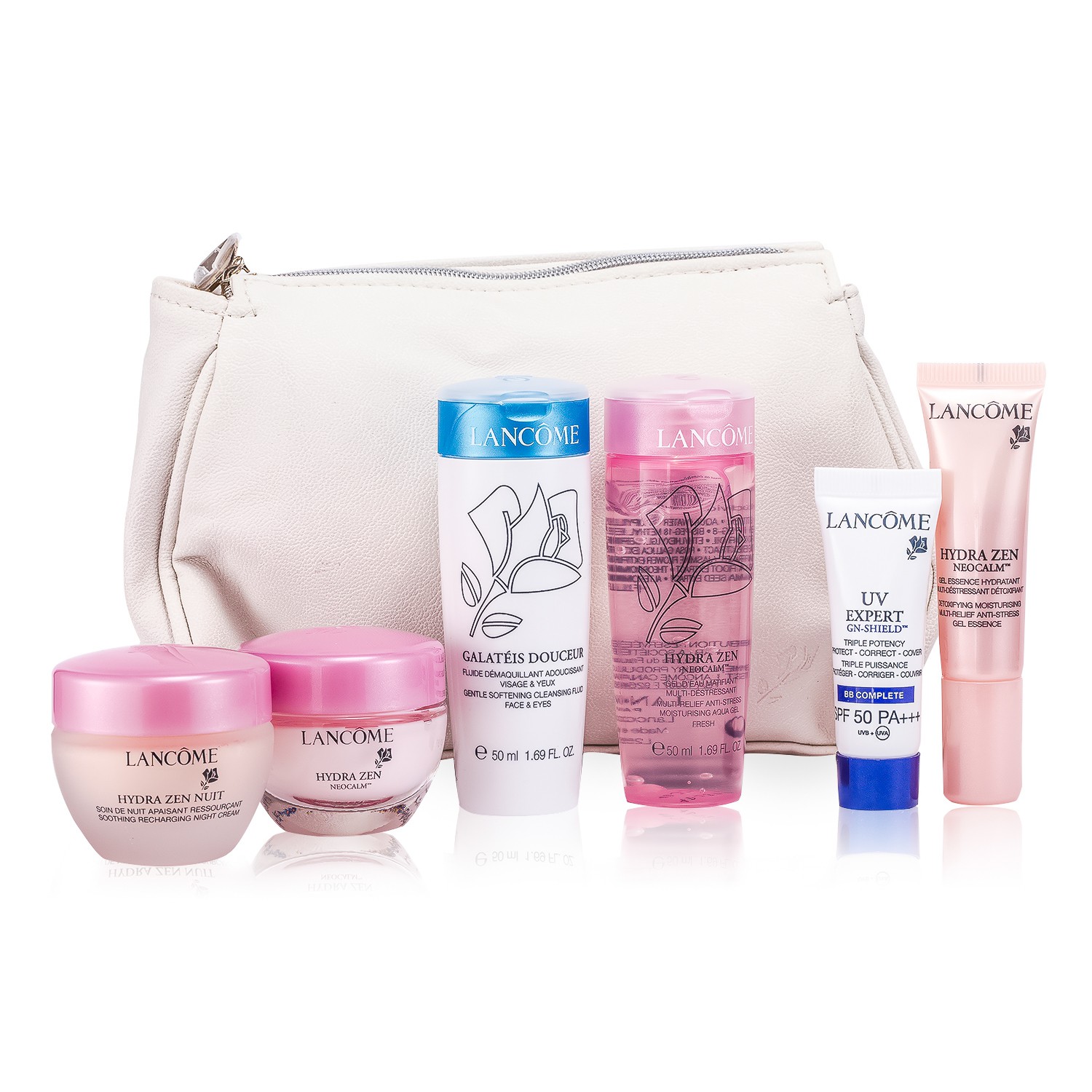 Lancome Travel Set: Cleansing Fluid 50ml + Aqua Gel 50ml + Night Cream 15ml + Moisturising Cream 15ml + Gel Essence 10ml + BB Complete 10ml + Bag 6pcs+1bag