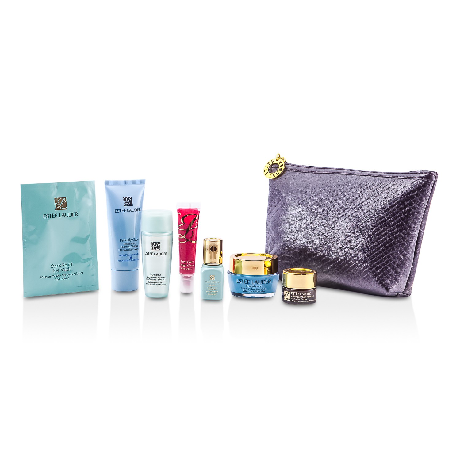 Estee Lauder Travel Set: Foaming Cleanser + Boosting Lotion + Moisture Cream + Skintone Illuminator + Night Repair Eye + Eye Mask + Lip Gloss #07 + Bag 7pcs+1bag