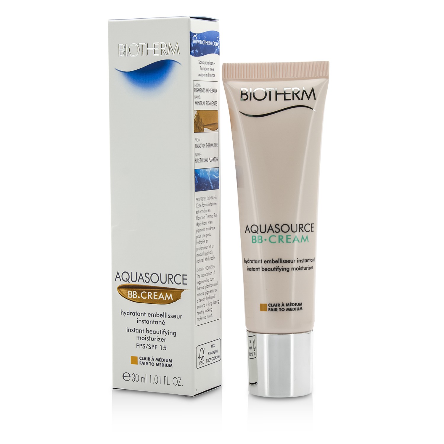 Biotherm Nawilżający krem koloryzujący na dzień Aquasource BB Cream - Fair to Medium 30ml/1.01oz