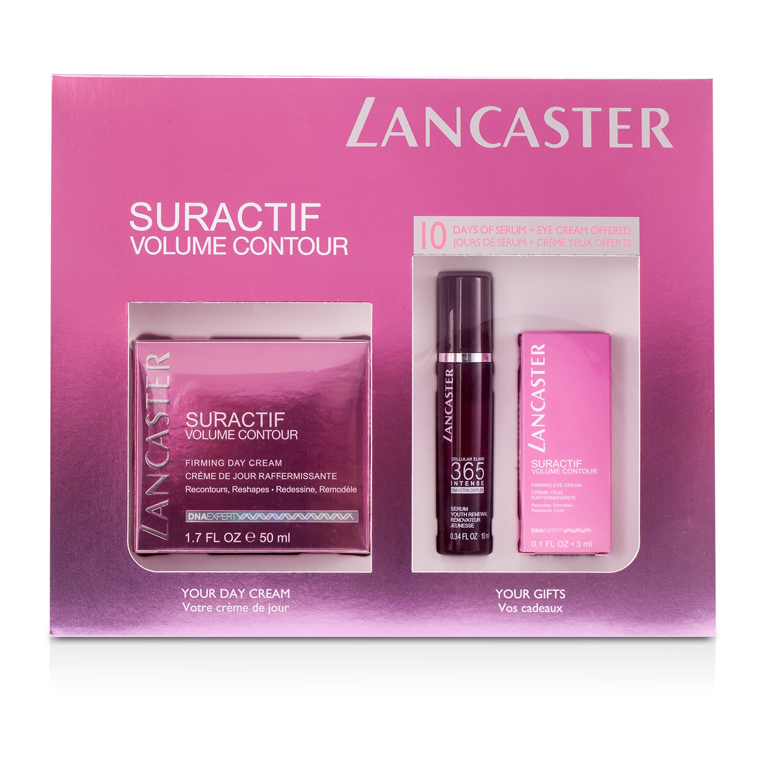 Lancaster Suractif მოცულობისა და კონტურის კომპლექტი: გამამკვრივებელი კრემი 50მლ+ ინტენსიური შრატი 10მლ+ თვალის კრემი 3მლ 3pcs