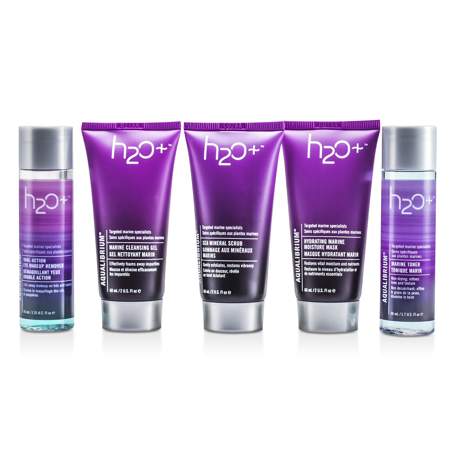 H2O+ Skincare Must-Haves Set: Cleansing Gel 60ml +Scrub 60ml + Moisture Mask 60ml + Toner 50ml + Eye Makeup Remover 40ml 5pcs