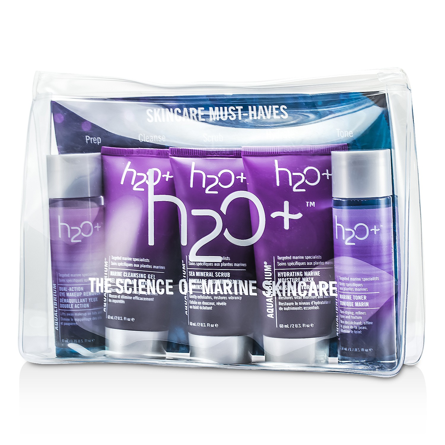 H2O+ Skincare Must-Haves Set: Cleansing Gel 60ml +Scrub 60ml + Moisture Mask 60ml + Toner 50ml + Eye Makeup Remover 40ml 5pcs