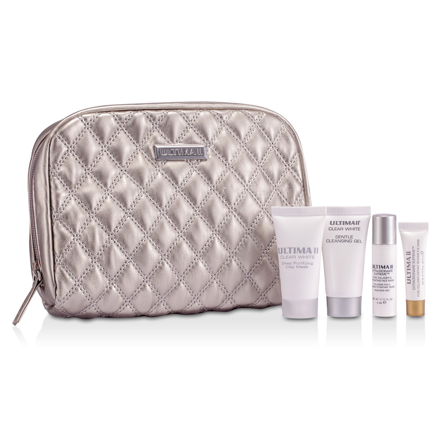 Ultima Set Viaje: Clear White Gel Limp. Suave 15ml + Clear White Másc. de Arcilla Purificante 15ml + Extraorfinaire Supreme Pure Collagen & Hydrating Másc. Facial 5ml + Pure Collagen Másc. Ojos 3ml + Bolso 4pcs+1bag