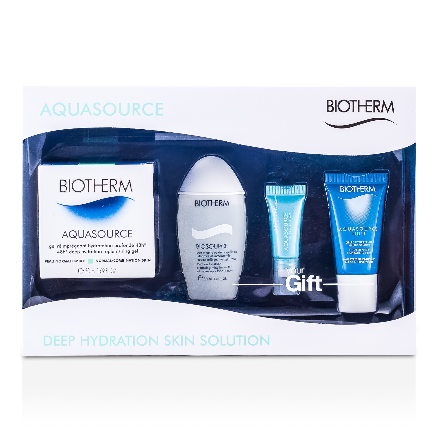 Biotherm Sada Aquasource: Hydratačné želé + Skrášľujúca starostlivosť na oči + Čistiaca micelárna voda + Hydratačný regeneračný gél 4pcs