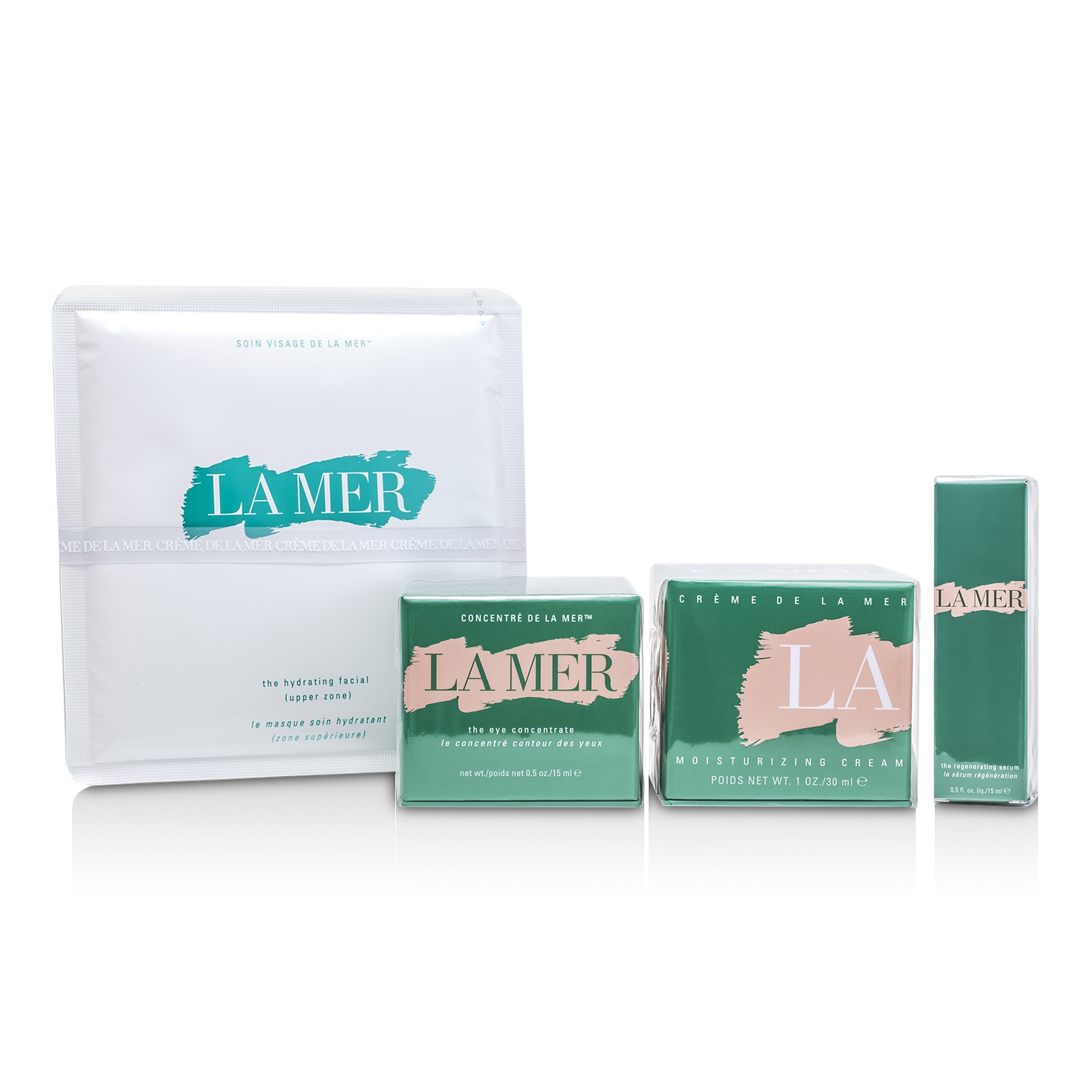 La Mer The Destination مجموعة: كريم مرطب 30مل + سيرم 15مل + مركز للعيون 15مل + ماسك للوجه 17 جم 4pcs