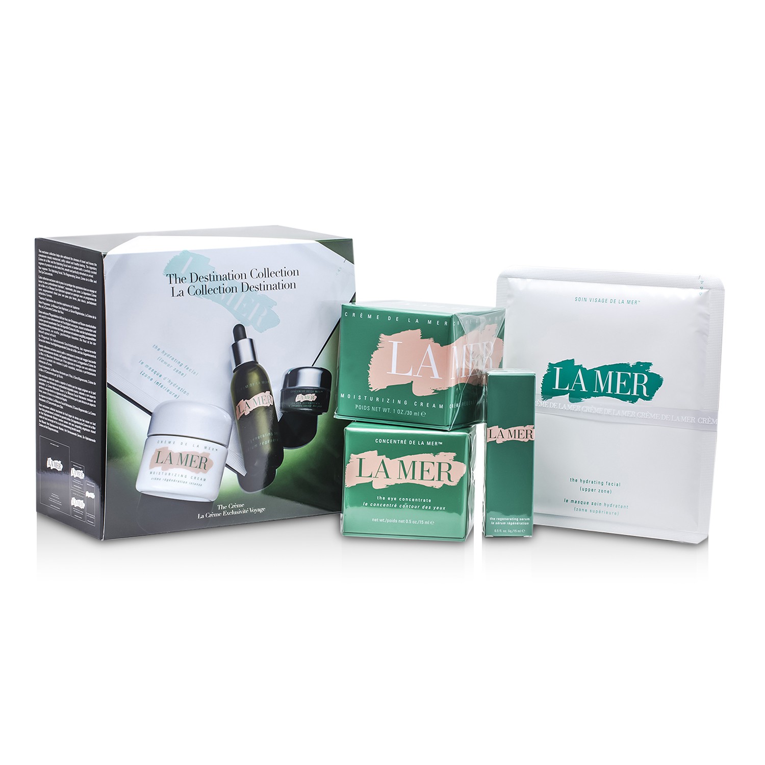 La Mer The Destination مجموعة: كريم مرطب 30مل + سيرم 15مل + مركز للعيون 15مل + ماسك للوجه 17 جم 4pcs