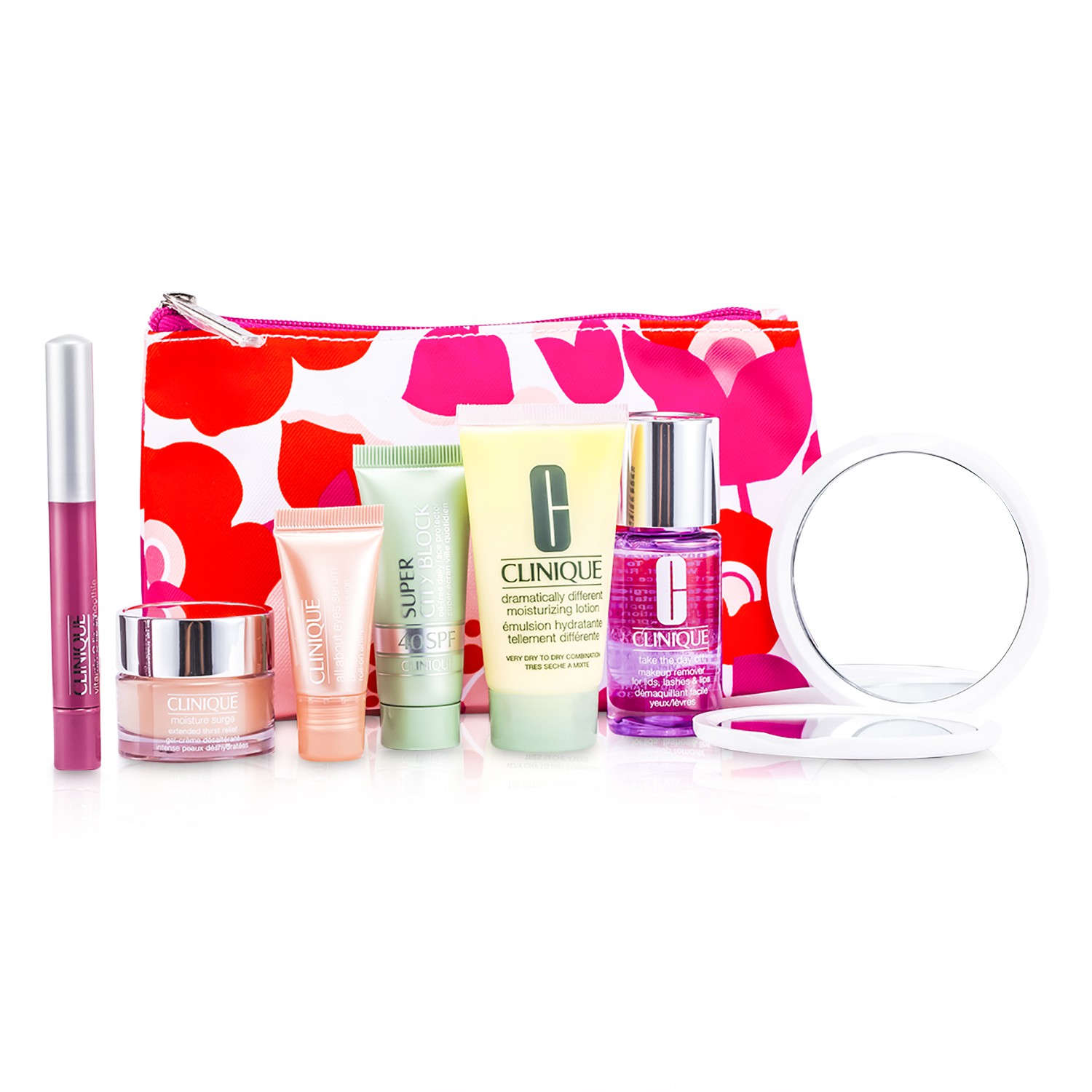 Clinique Set de Viaje: Removedor de Maquillaje + Loción Hidratante + Impulsador de Humedad + Bloqueador SPF40 + Suero de Ojos + Smoothie de Labios (Strawberry Bliss) + Espejo + Bolso 7pcs+1bag