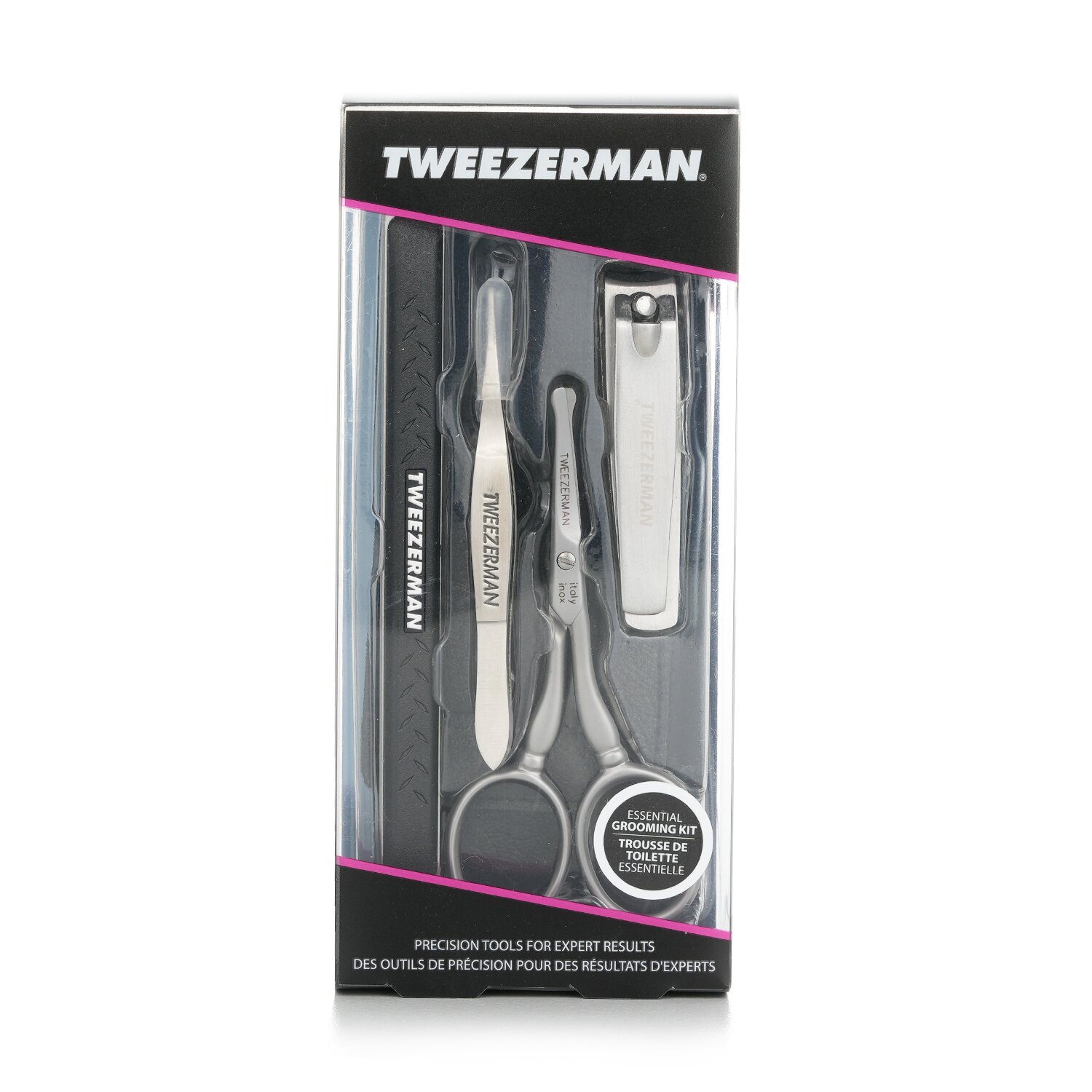 Tweezerman Essential Grooming Kit: Fingernail Clipper + Facial Hair Scissors + Nail Cleaner + Splinter Removal 4pcs