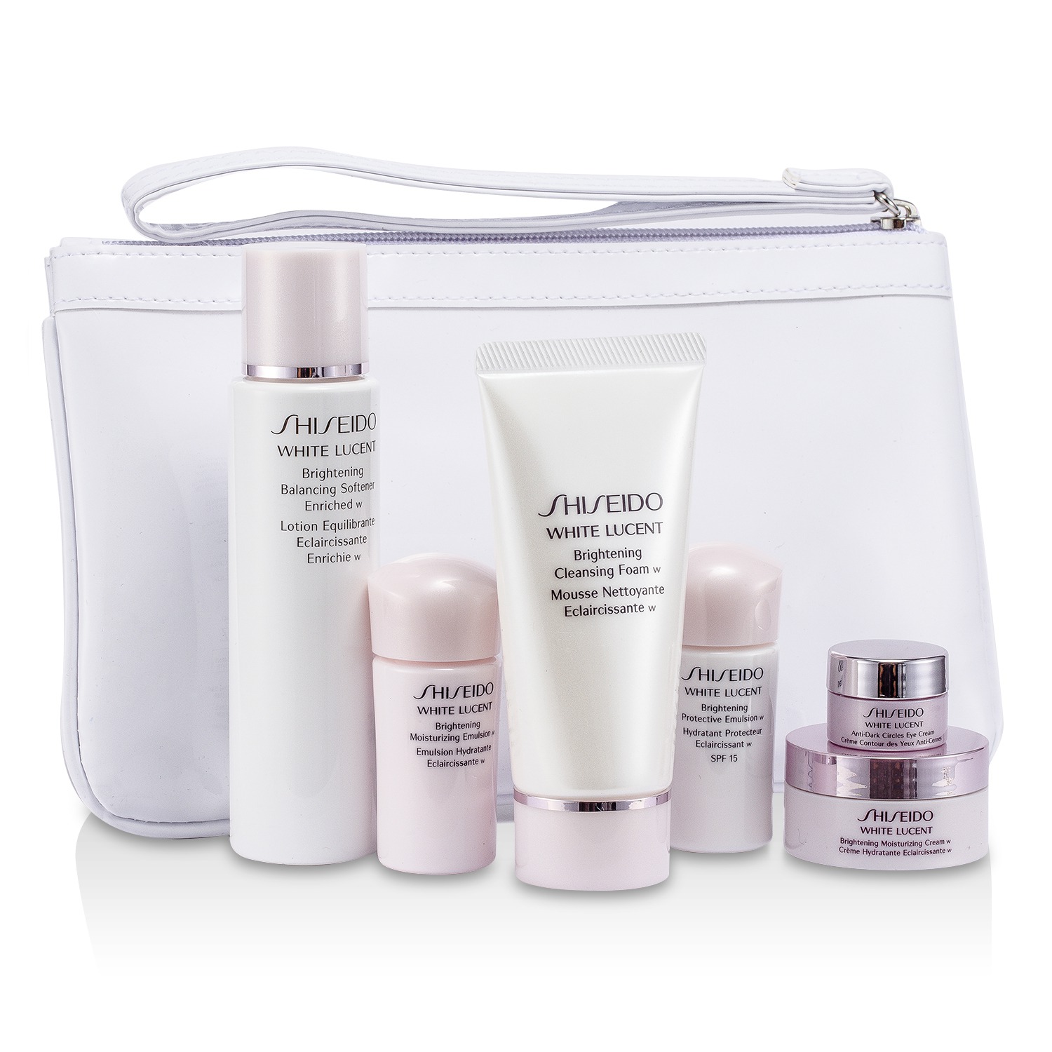 Shiseido White Lucent مجموعة: رغوة منظفة 50مل + منعم غني 75مل + مستحلب SPF15 15مل + مستحلب 15مل + كريم 18مل + كريم عيون 2.5مل + حقيبة 6pcs+1bag