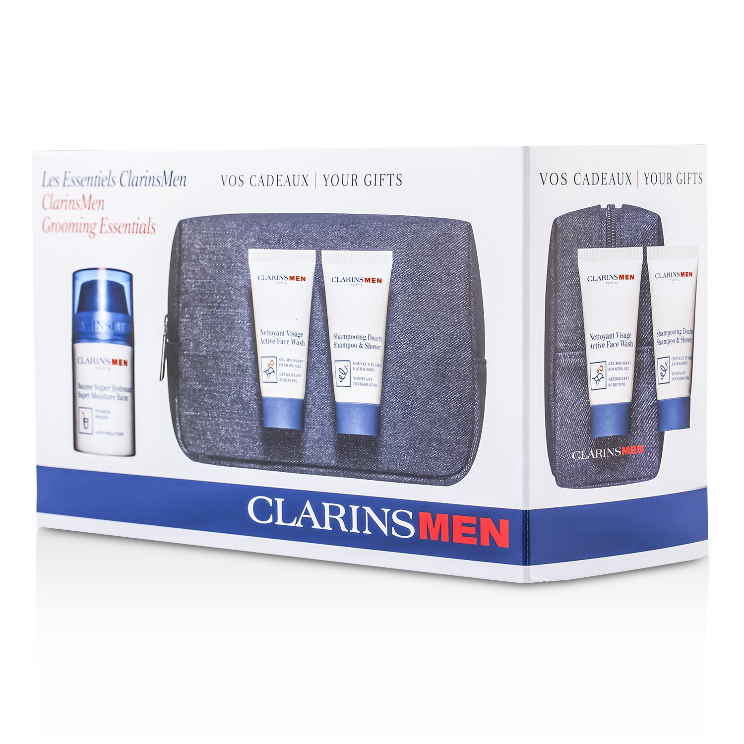 Clarins Clarismen Grooming Essentials: Active Face Wash 30ml/1.06oz + Shampoo & Shower 30ml/1.06oz + Super Moisture Balm 50ml/1.7oz 3pcs+1bag