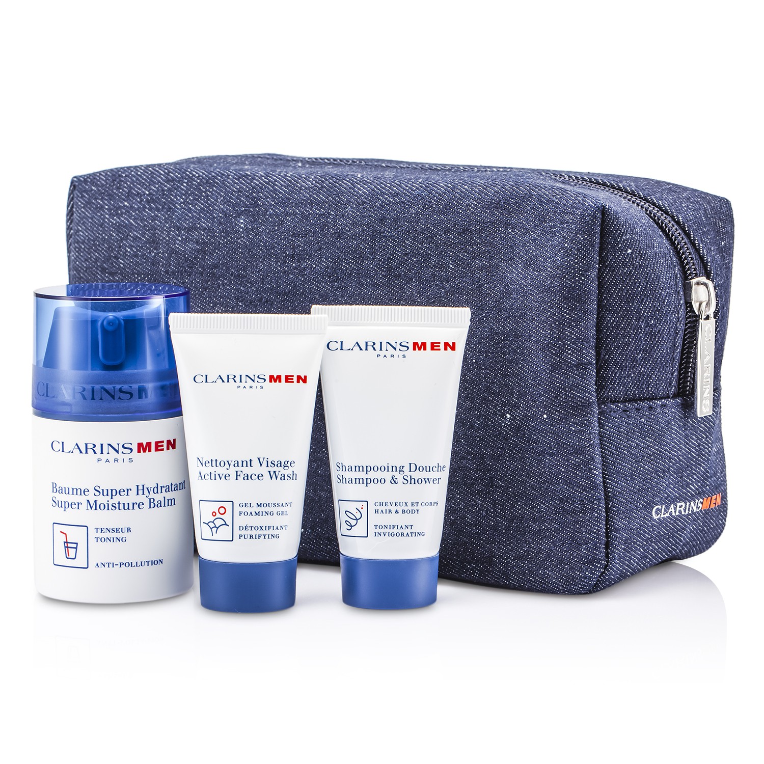 Clarins Clarismen Grooming Essentials: Active Face Wash 30ml/1.06oz + Shampoo & Shower 30ml/1.06oz + Super Moisture Balm 50ml/1.7oz 3pcs+1bag