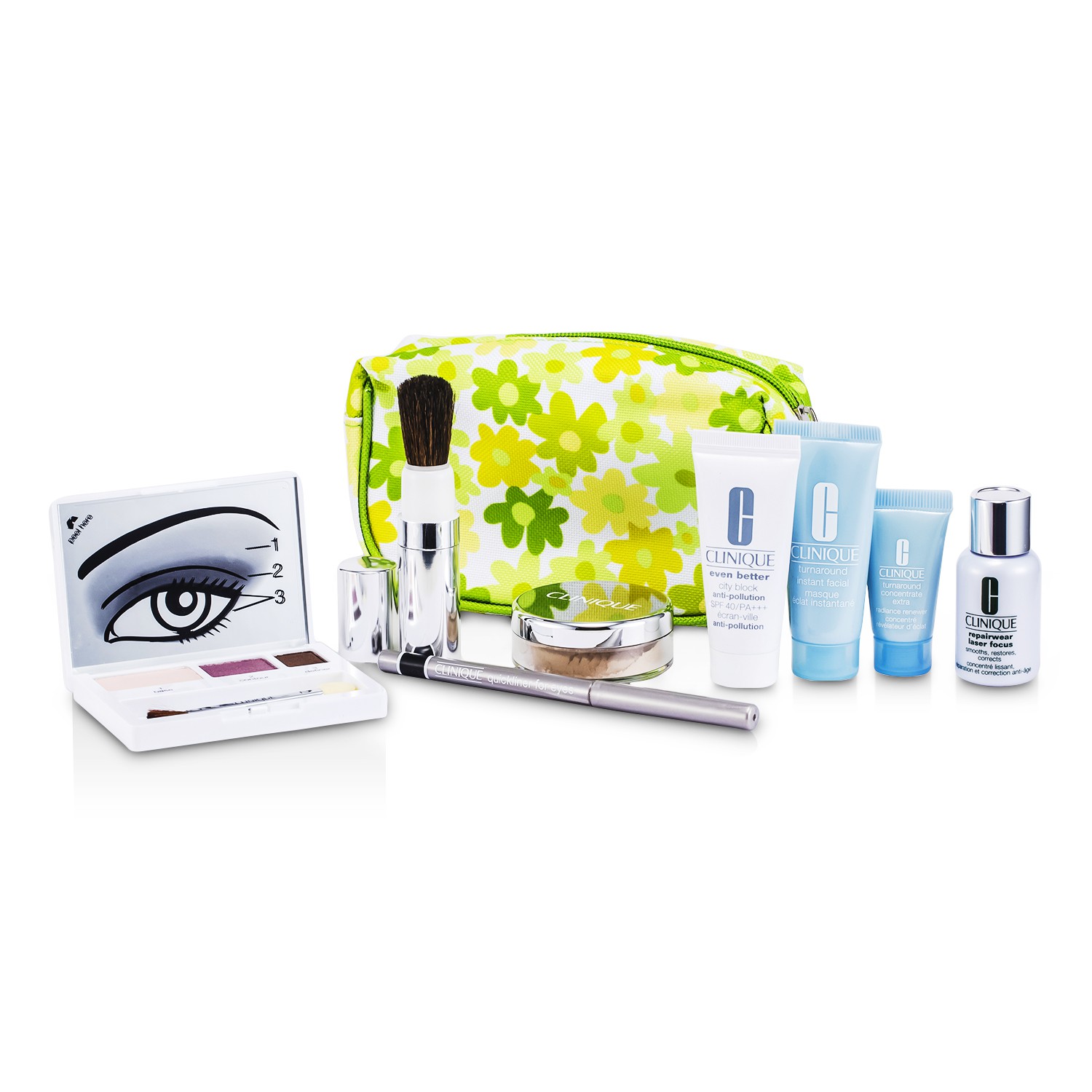 Clinique Travel Set: Laser Focus + City Block + Mask + Concentrate + Face Powder #20 + Eye Shadow Trio + Eyeliner + Brush + Bag 8pcs+1bag