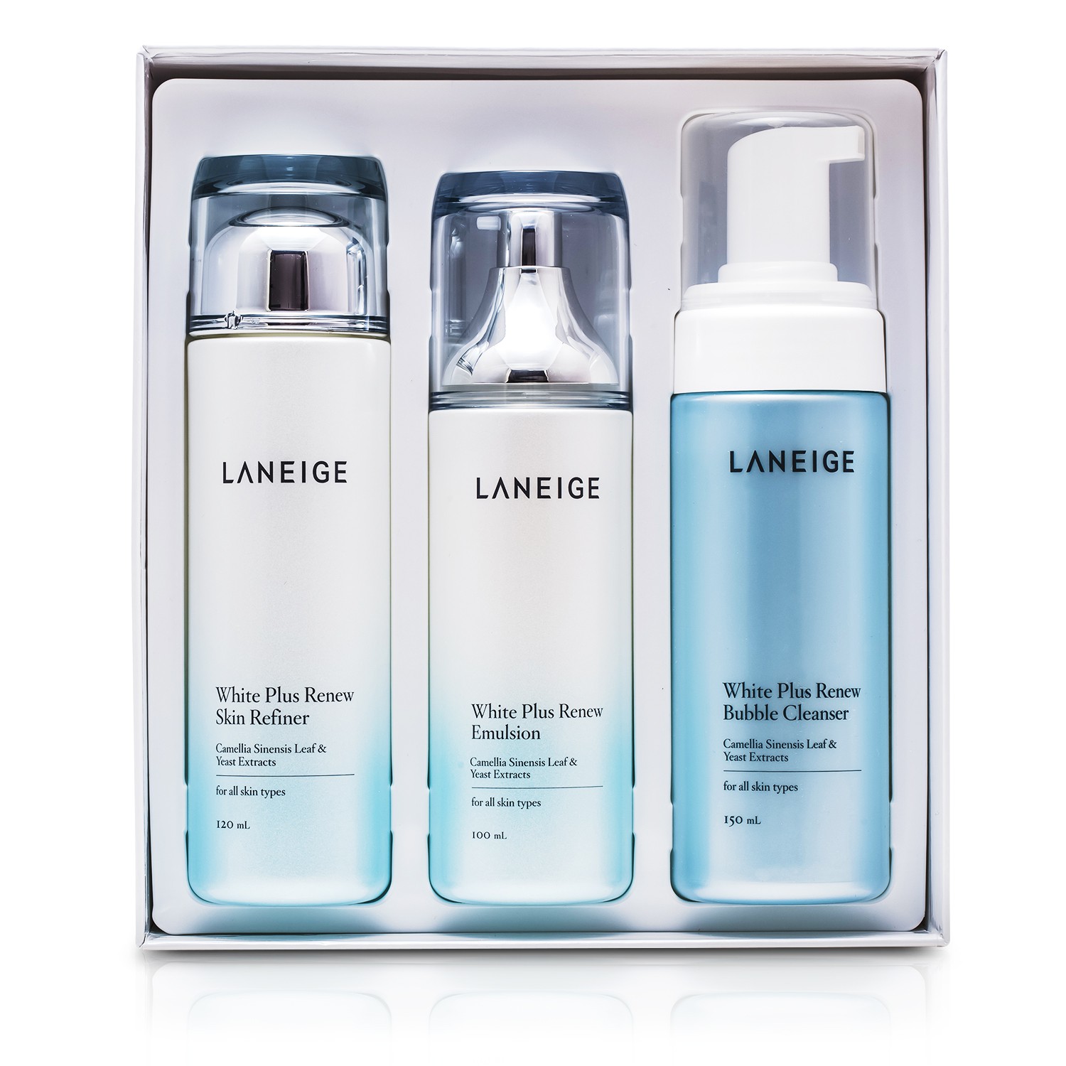 Laneige White Plus Renew Trio szett: bőrfinomító + emulzió + Bubble arctisztító 3pcs