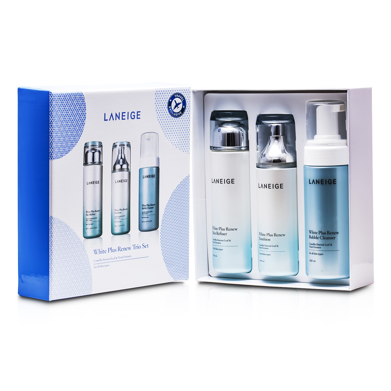 Laneige White Plus Renew Trio Set: Skin Refiner + Emulsion + Bubble Cleanser 3pcs