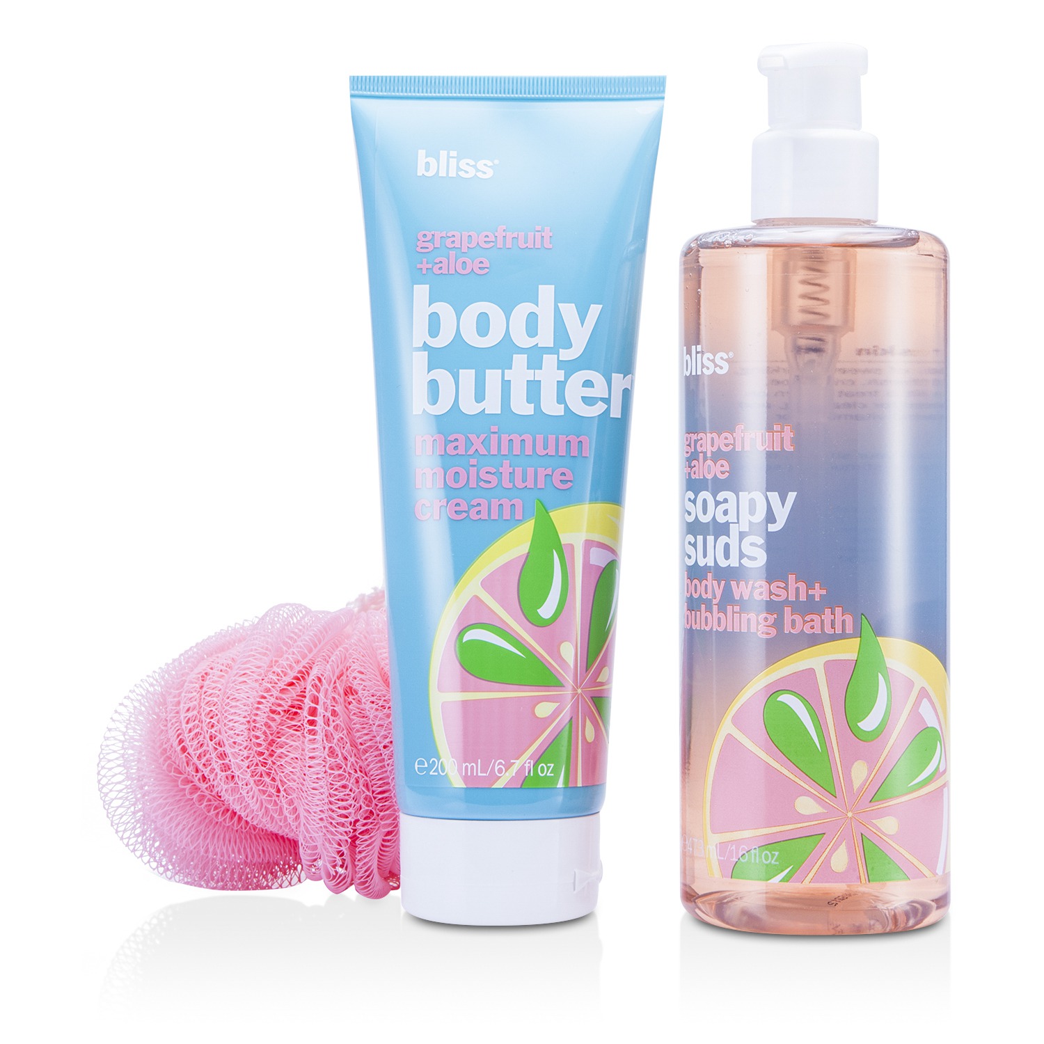 Bliss Happy Aloe Days Set: Grapefruit + Aloe Body Butter 200ml + Body Wash 473.2ml + Shower Pouf 3pcs