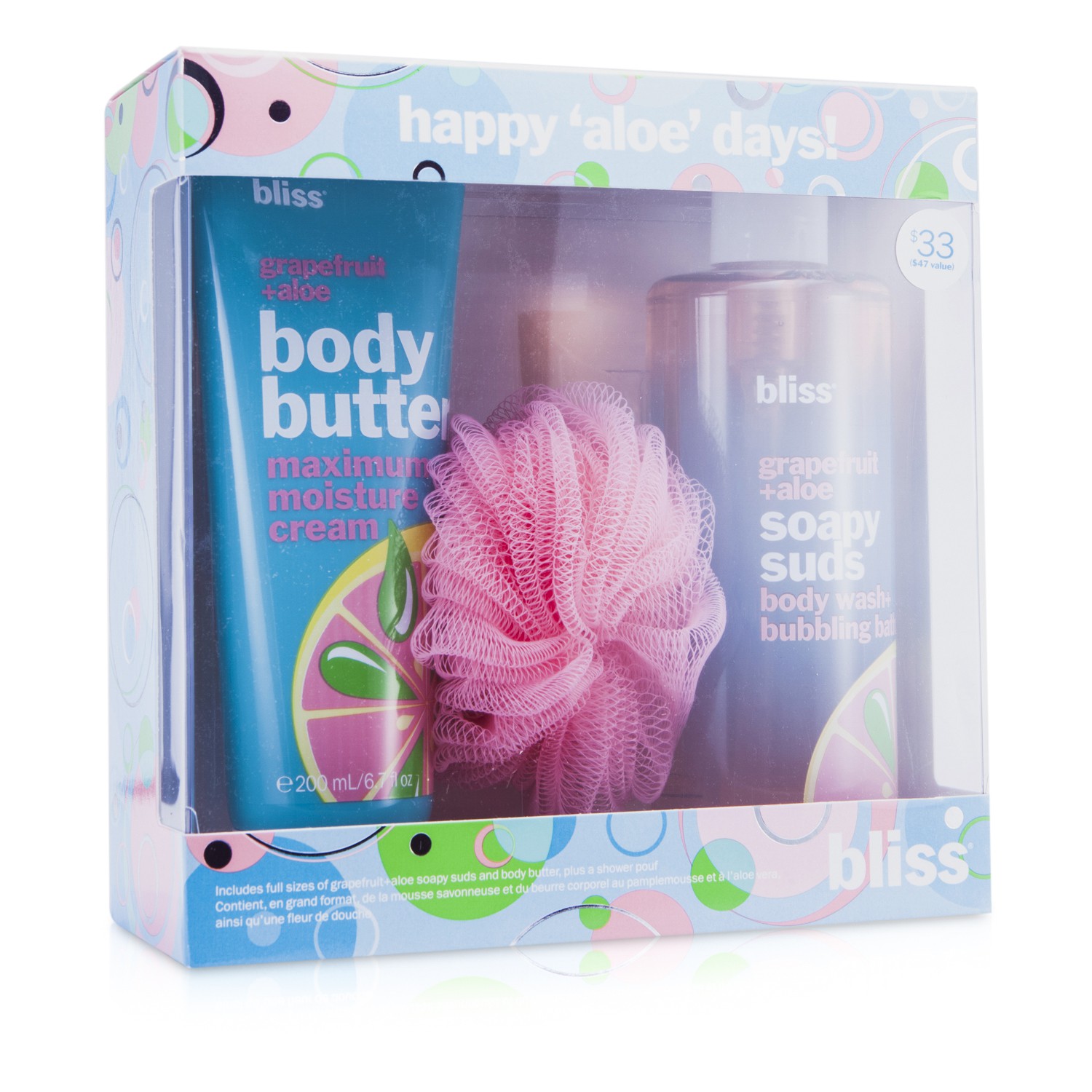 Bliss Happy Aloe Days Set: Grapefruit + Aloe Body Butter 200ml + Body Wash 473.2ml + Shower Pouf 3pcs