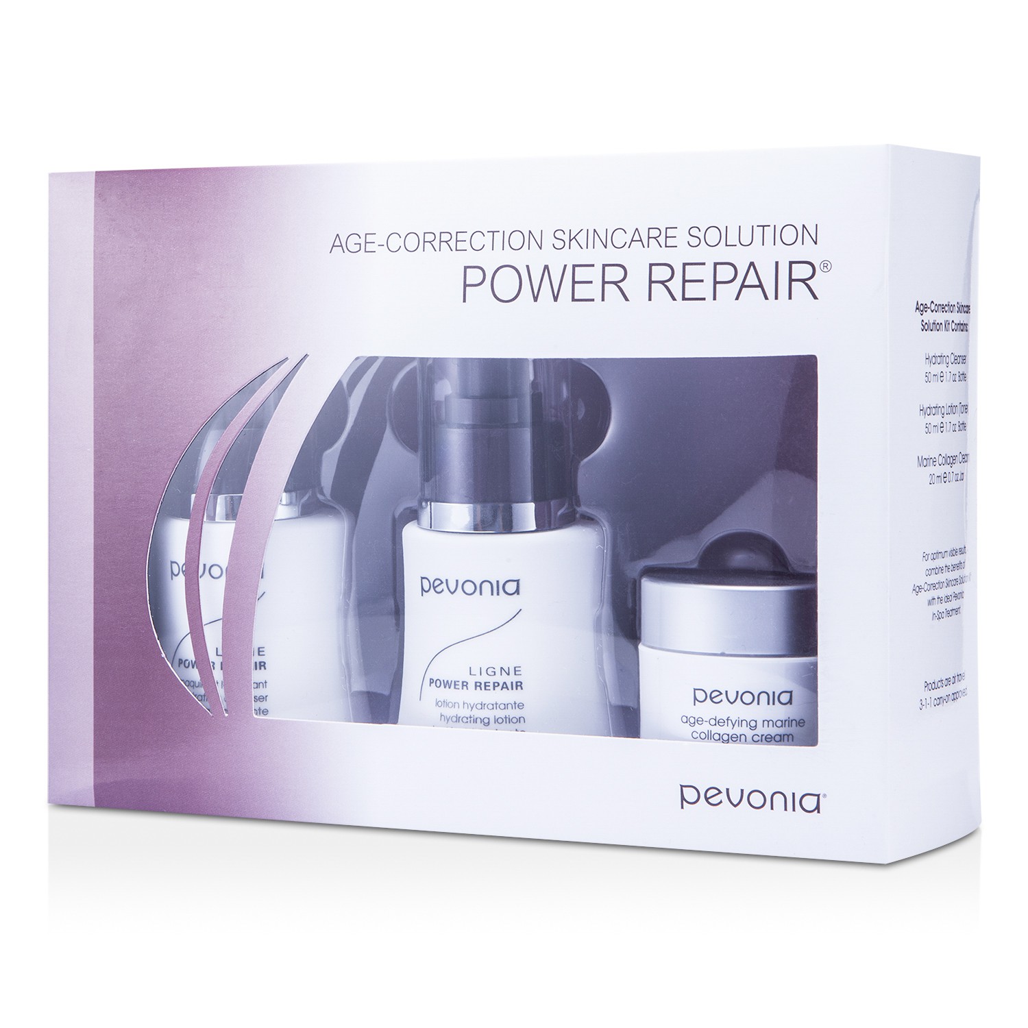 Pevonia Botanica ชุด Age-Correction Skincare Solution - Power Repair: ทำความสะอาดให้ความชุ่มชื้น 50ml + โลชั่นให้ความชุ่มชื้น 50ml + ครีม Marine Collagen Cream 20ml 3ชิ้น