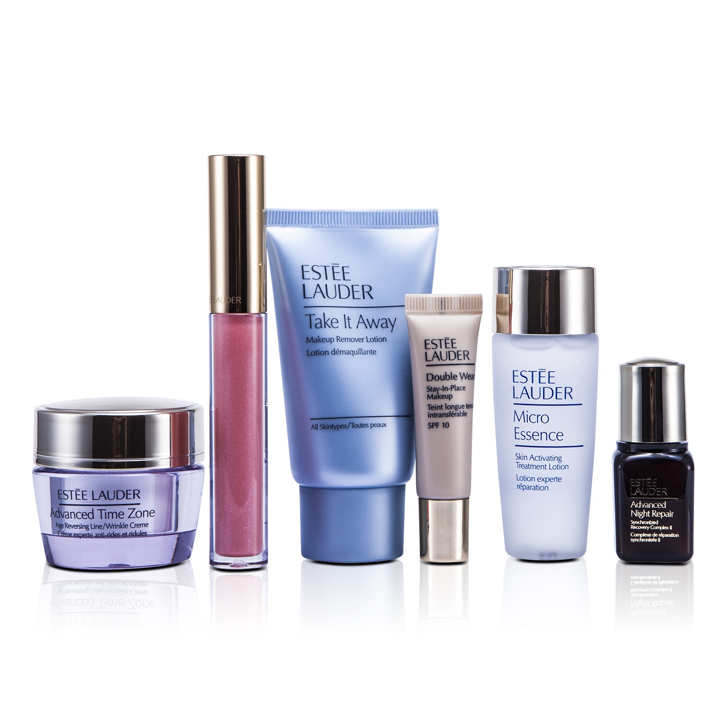 Estee Lauder Travel Set: Makeup Remover 30ml + Micro Essence 30ml + Advanced Time Zone Cream 15ml + ANR II 7ml + Makeup #36 + Lipgloss #09 6pcs