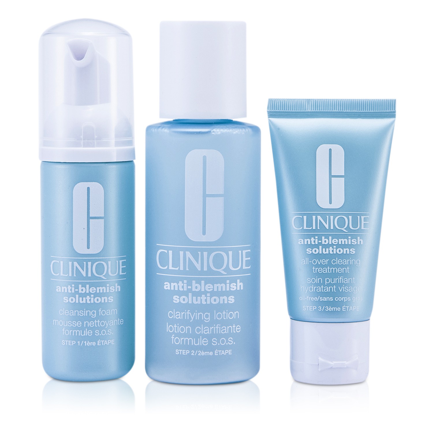 Clinique 3-kroková kúra proti akné Anti-Blemish Solutions 3-step system: Čistiaca pena + Rozjasňujúca pleťová voda + Čistiaci ošetrujúci krém 3pcs