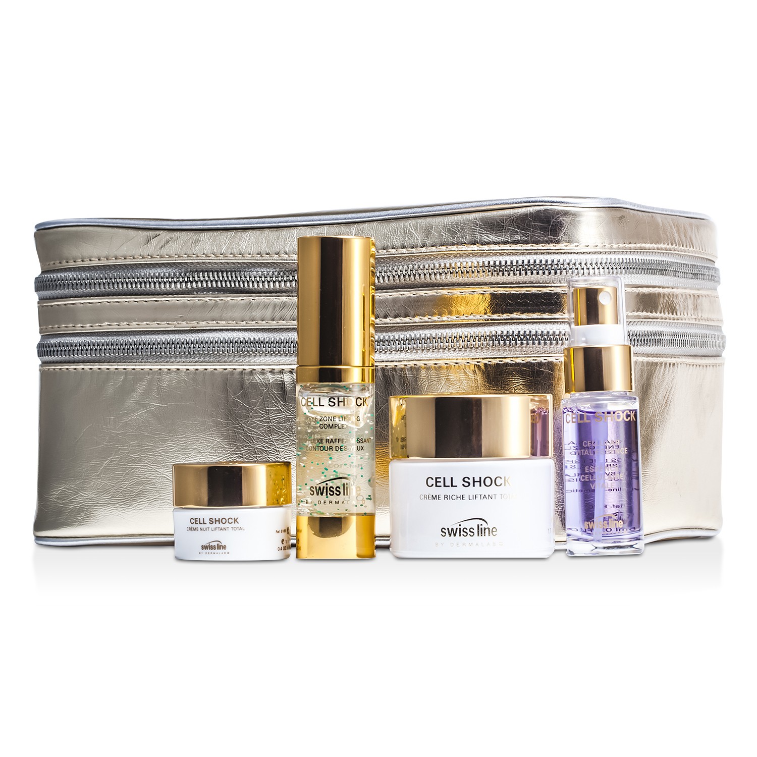 Swissline 25th Anniversary Cell Shock Gold Kit: Crema Rica 50ml, Complejo de Ojos 15ml, Crema de Noche 10ml, Esencia 15ml, Bolso 4pcs+1bag