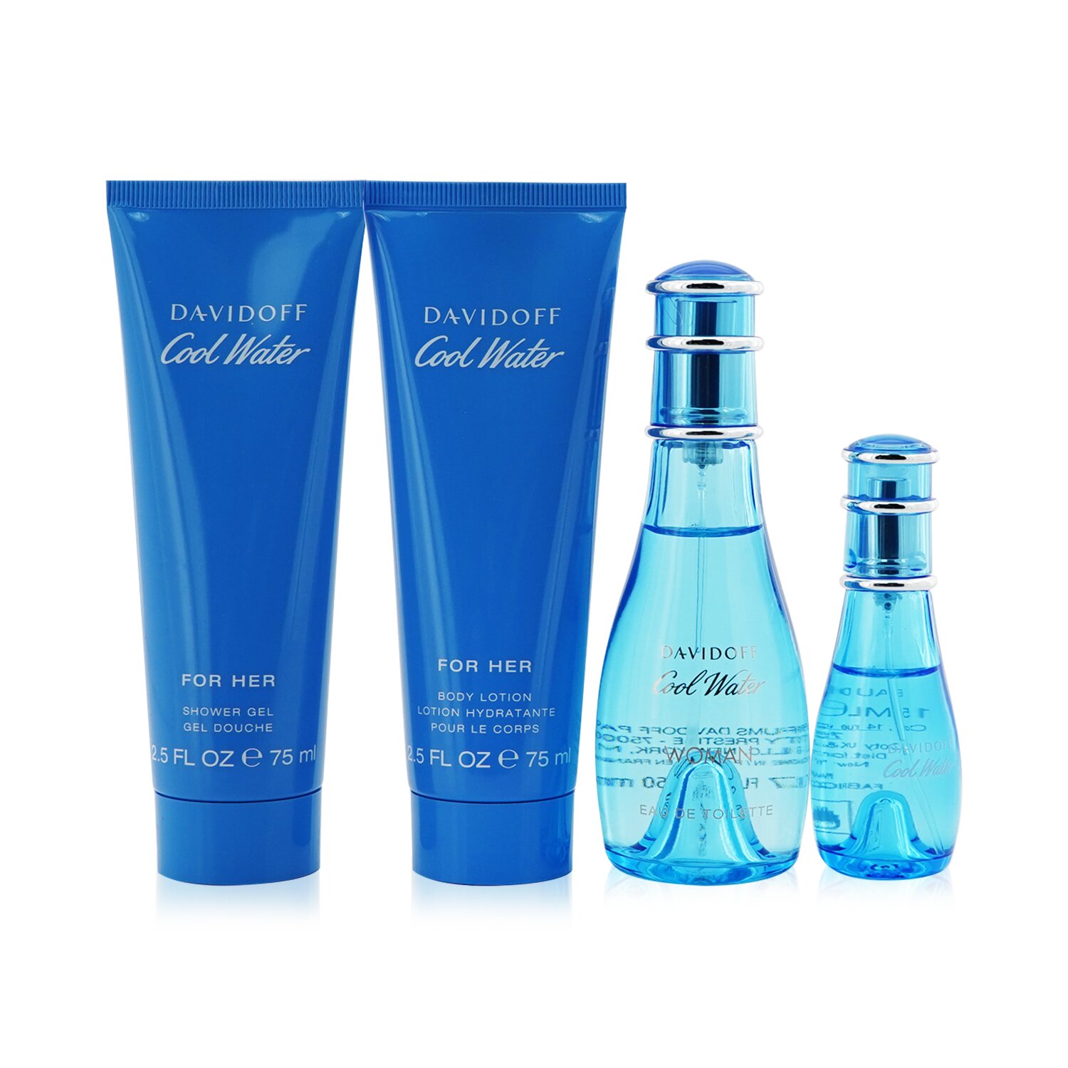 Davidoff Cool Water Kazeta: toaletná voda s rozprašovačom 50ml/1.7oz + toaletná voda s rozprašovačom 15ml/0.5oz + telové mlieko 75ml/2.5oz + sprchový gél 75ml/2.5oz 4pcs