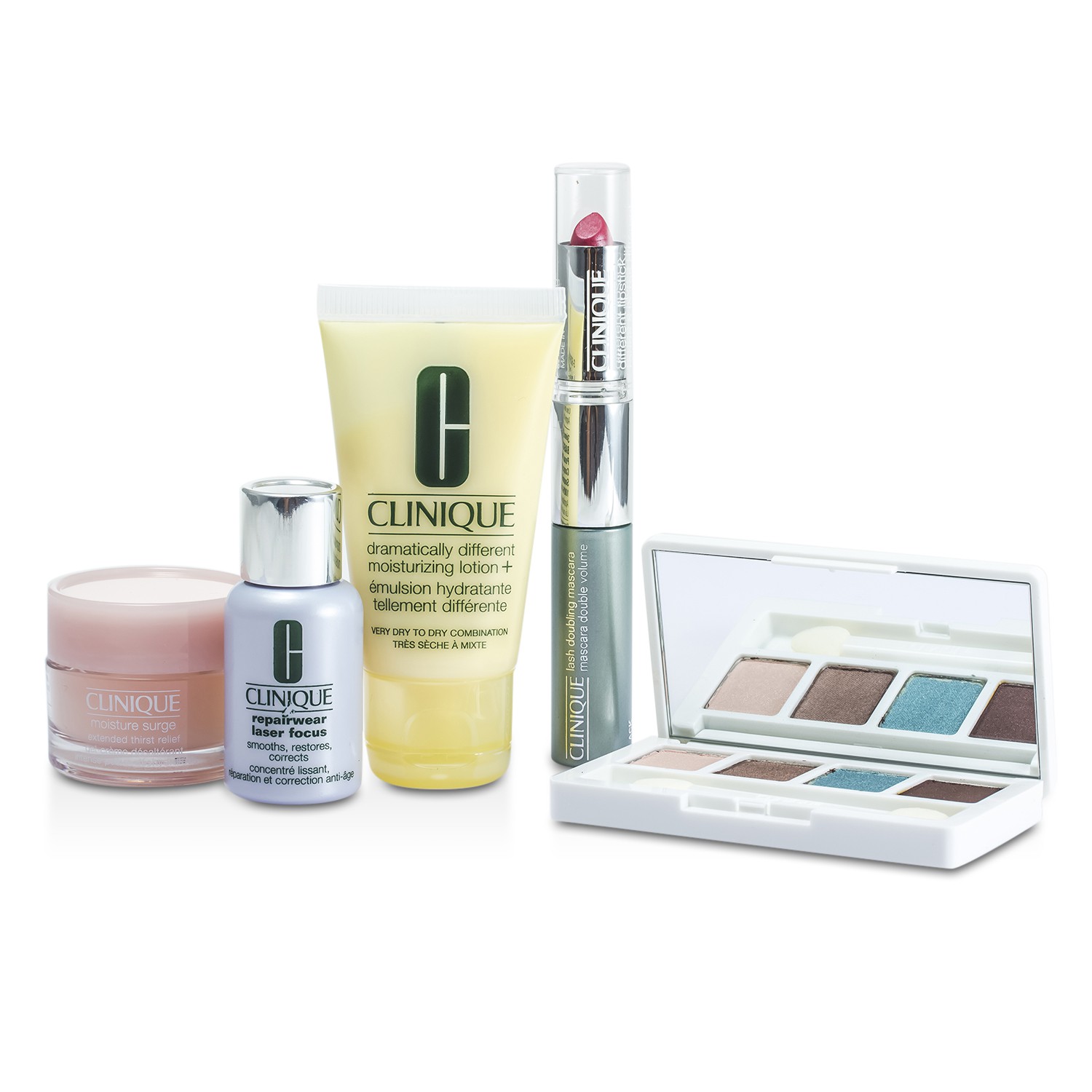 Clinique Travel Set: DDML+ + Moisture Surge + Laser Focus + Eye Shadow Quad #03, 20, 23, 38 + Mascara & Lipstick #43 + 2xBag 5pcs+2bags