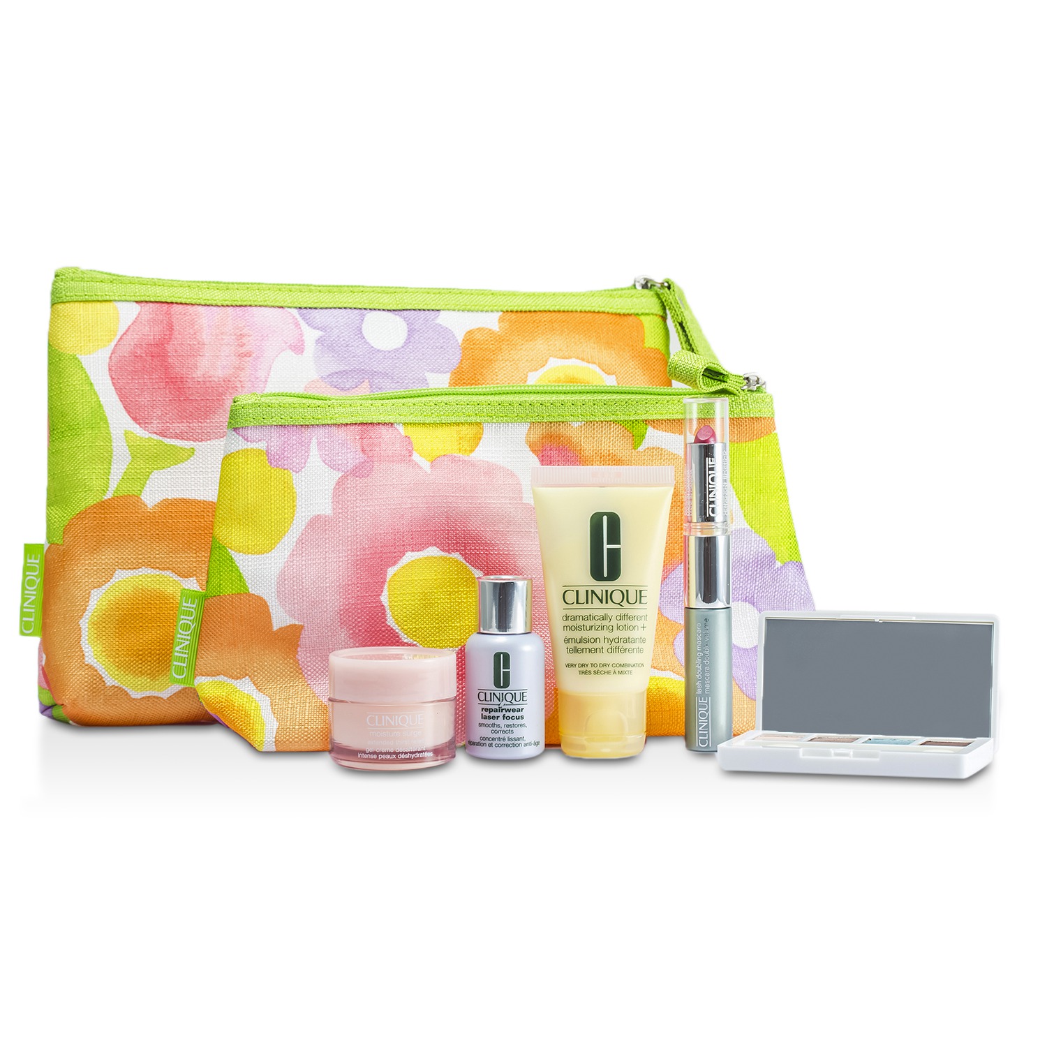 Clinique Kit de Viagem: DDML Plus + Moisture Surge + Laser Focus + Sombra Quad #03, 20, 23, 38 + Rímel & Batom #43 + 2xNecessaire 5pcs+2bags