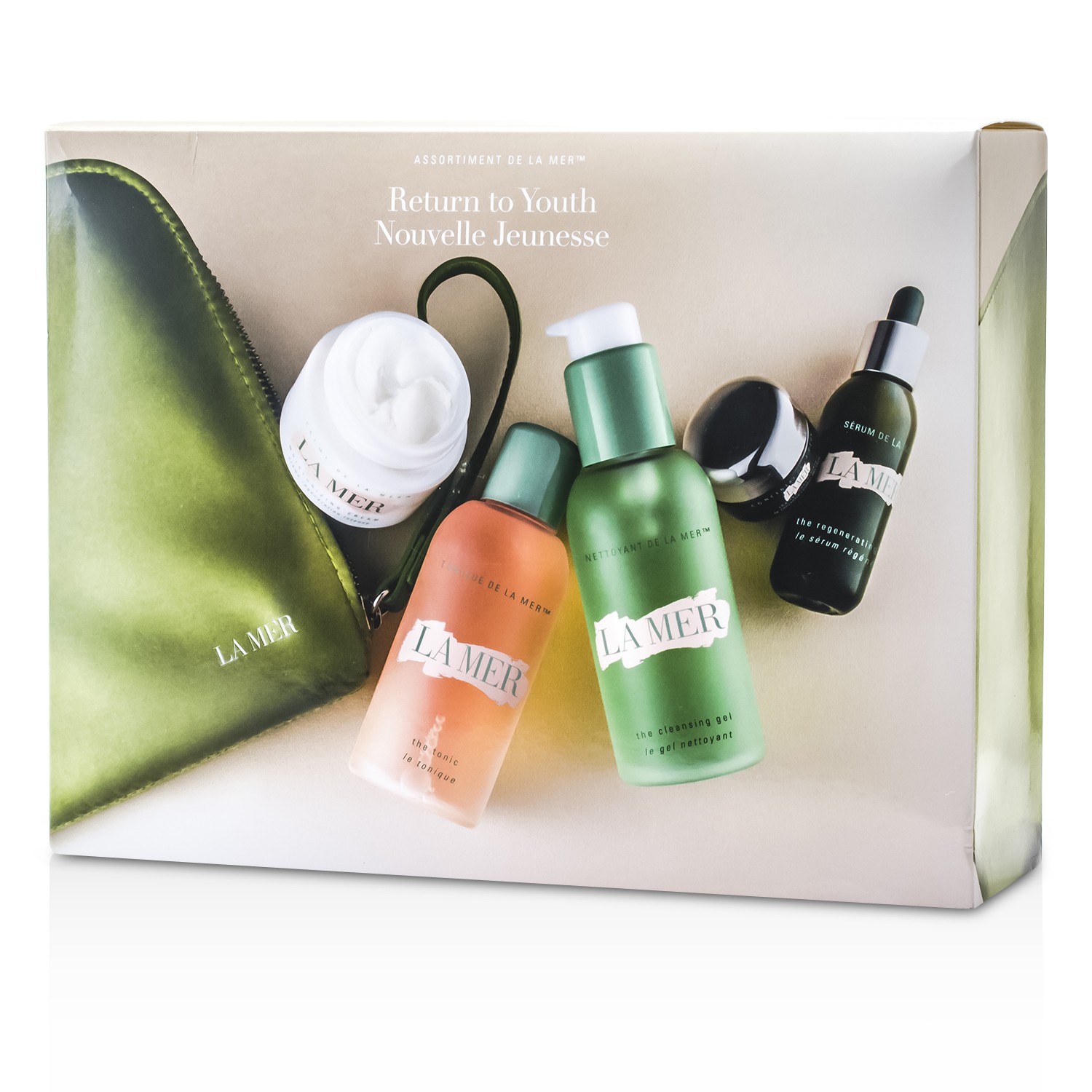 La Mer Return To Youth (Anti-Age) nuorentava kokoelma: puhdistusgeeli + kasvovesi + kosteusvoide + seerumi + silmänympärystehohoito + laukku 5pcs+1bag