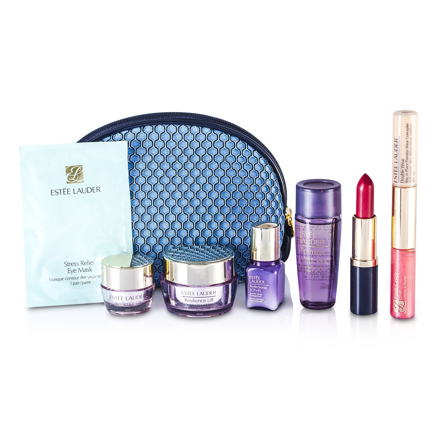 Estee Lauder Reisesett: Optimizer + Neck Creme + Perfectionist [CP+R] + Eye Creme + Eye Mask + Lipstick #55 + Lip Gloss #30 & Concealer #02 + Bag 7pcs+1bag