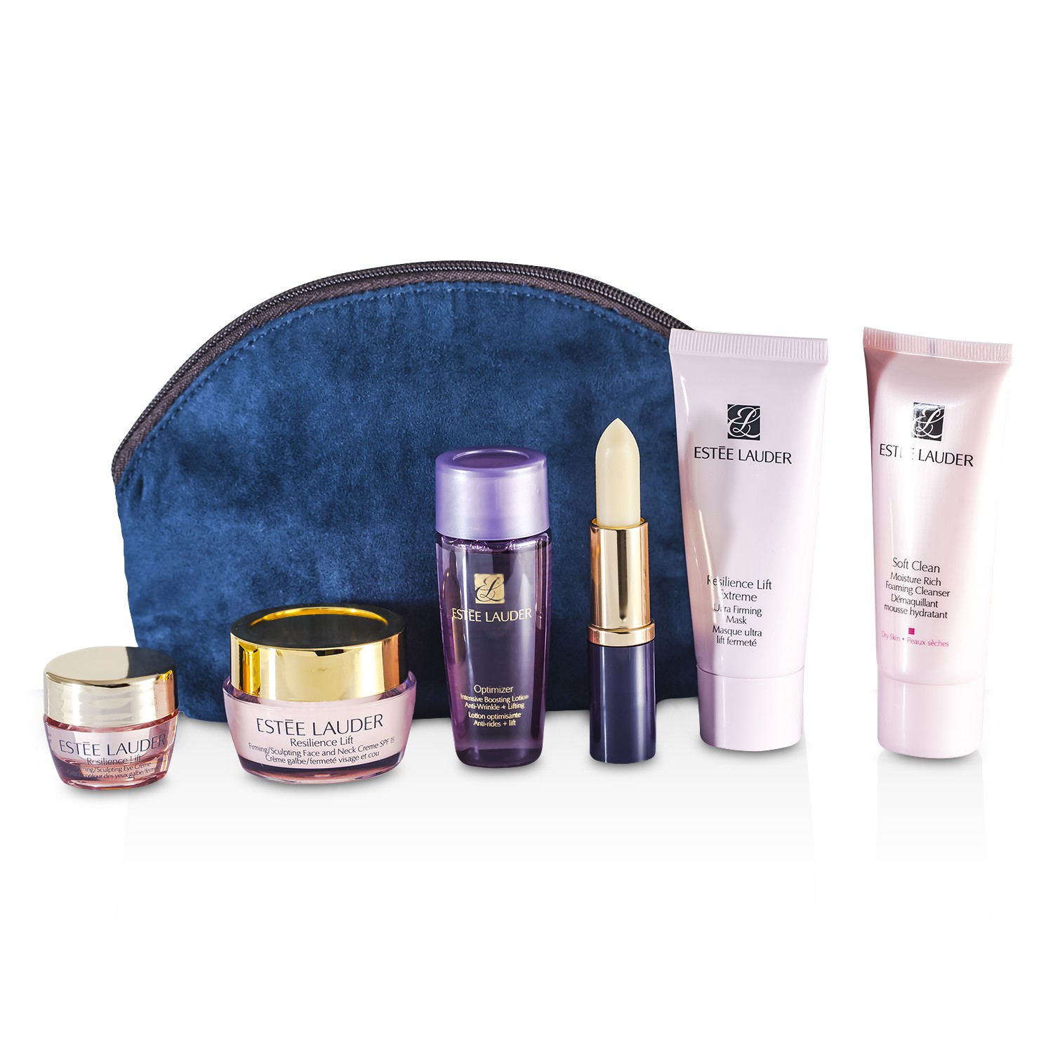 Estee Lauder مجموعة السفر: Soft Clean 30مل + Optimizer 30مل + Resilience ماسك 30مل + كريم الرقبة 15مل + كريم العيون 5مل + مرطب الشفاه + حقيبة 6pcs+1bag