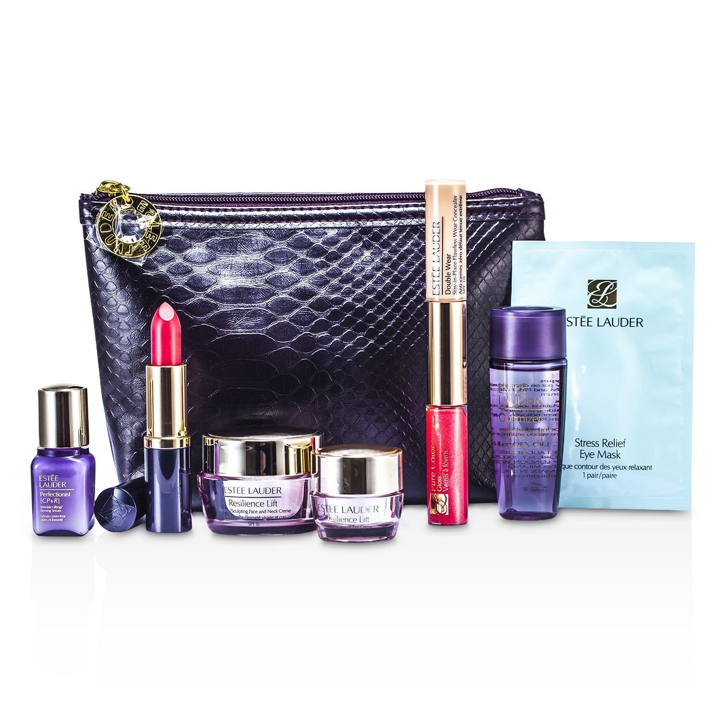 Estee Lauder ชุดเดินทาง: Optimizer + ครีมทาคอ + Perfectionist [CP+R] + ครีมทาตา + มาสก์ทาตา + ลิปสติก #55 + ลิปกลอส #30 & Concealer #02 + กระเป๋า 7ชิ้น+1ใบ