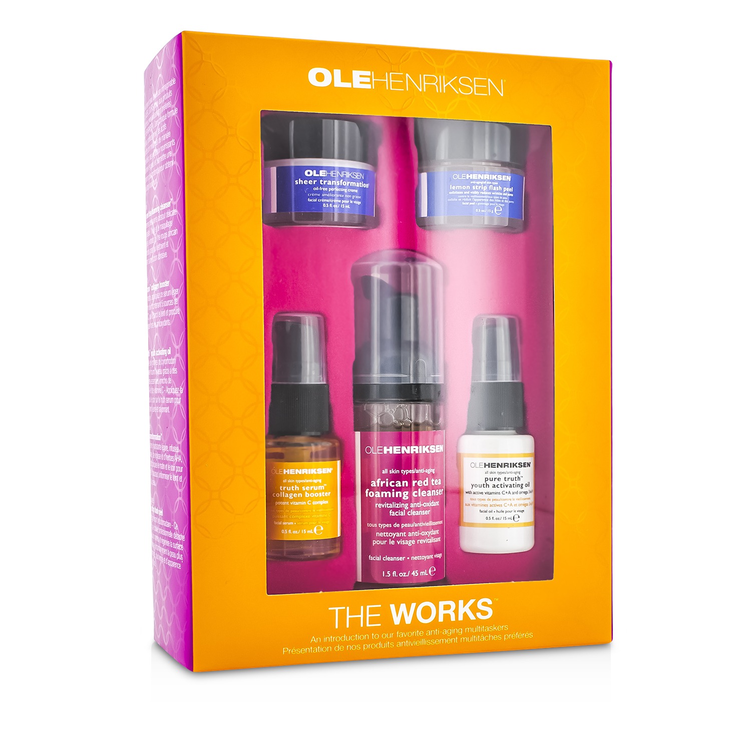 Ole Henriksen The Works 5-Step Regimen: Cleanser 45ml/1.5oz+Serum 15ml/.5oz+Activating Oil 15ml/0.5oz+Creme 15ml/0.5oz+Flash Peel 15g/0.5oz 5pcs