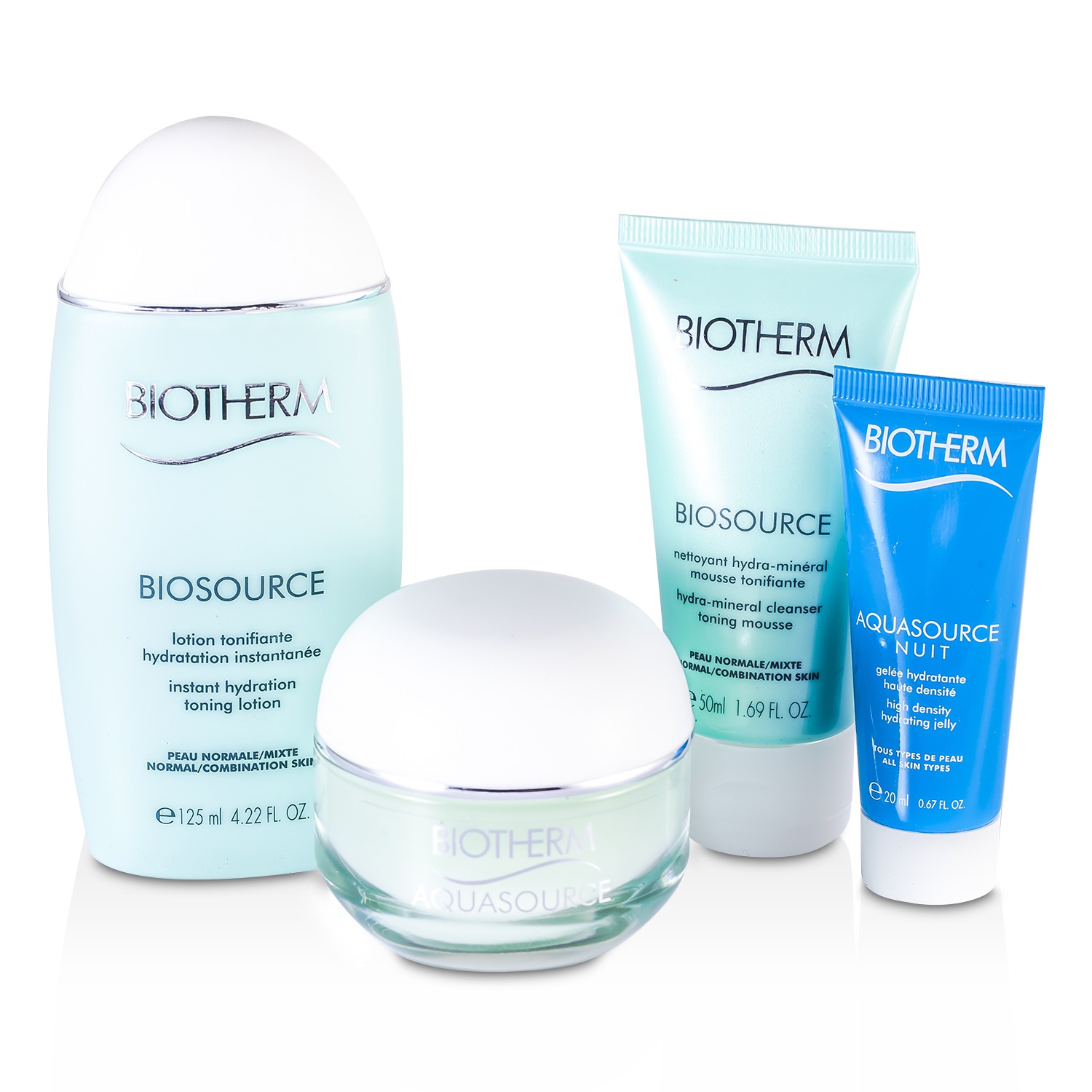 Biotherm Trio hydratační kosmetiky Aqua: gel Aquasource 50ml + pleťová voda 125ml + hydratační gel Hydrating Jelly 20ml + čisticí pleťový gel Biosource Cleansing Gel 50ml 4pcs