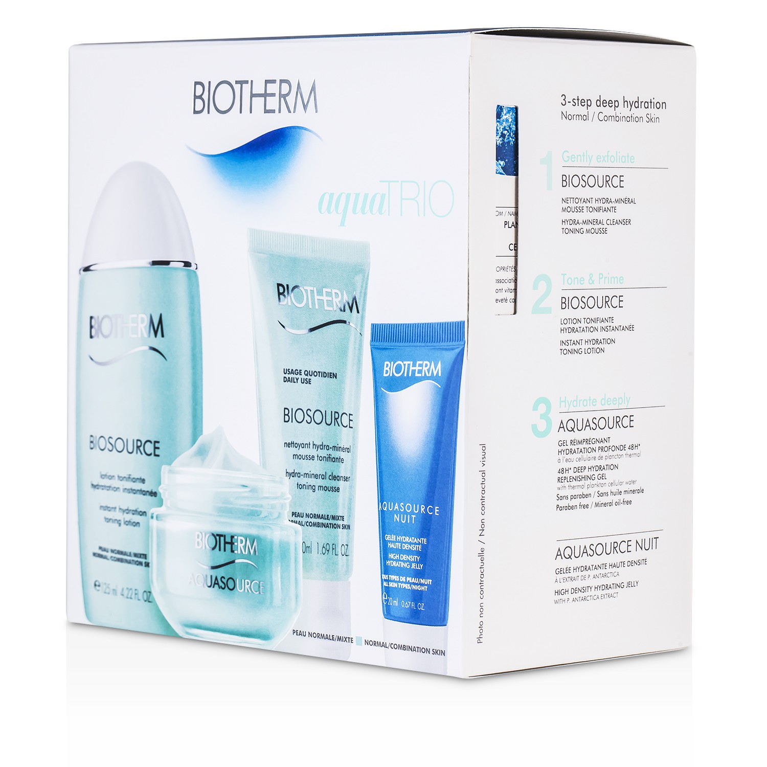 Biotherm Set Aqua Trio: Aquasource Gel 50ml + Loción Tonificante 125ml + Gelatina Hidratante 20ml + Biosource Gel Limpiador 50ml 4pcs