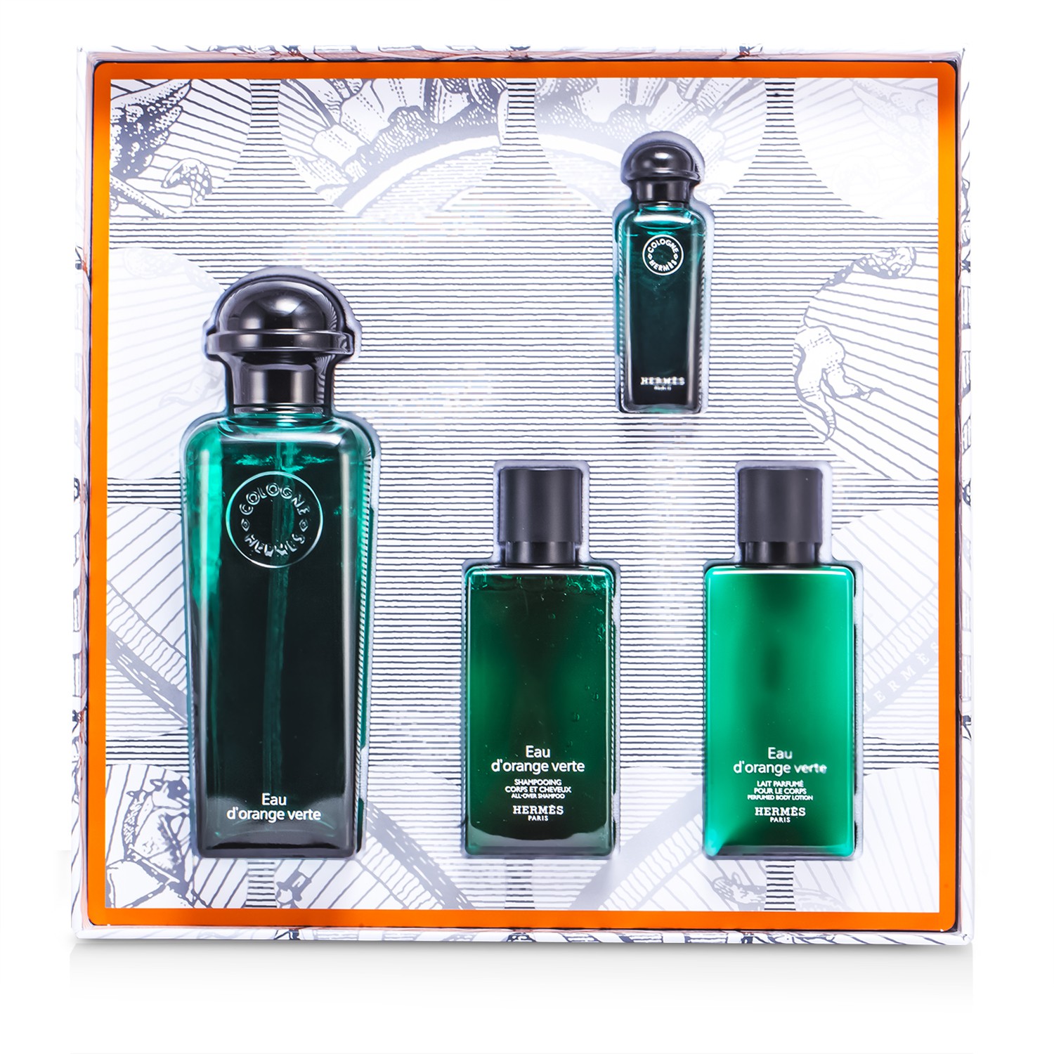 Hermes Kazeta D'Orange Verte: kolínská voda s rozprašovačem 100ml/3.3oz + mini parfém 7.5ml/0.25oz + tělové mléko 40ml/1.35oz + univerzální šampon na vlasy i tělo 40ml/1.35oz 4pcs