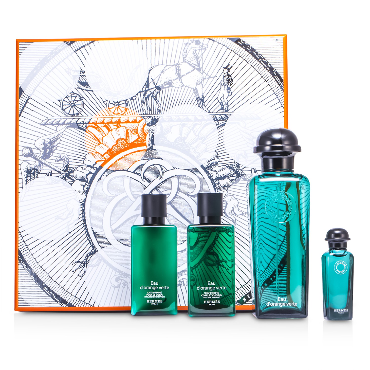 Hermes Kazeta D'Orange Verte: kolínská voda s rozprašovačem 100ml/3.3oz + mini parfém 7.5ml/0.25oz + tělové mléko 40ml/1.35oz + univerzální šampon na vlasy i tělo 40ml/1.35oz 4pcs