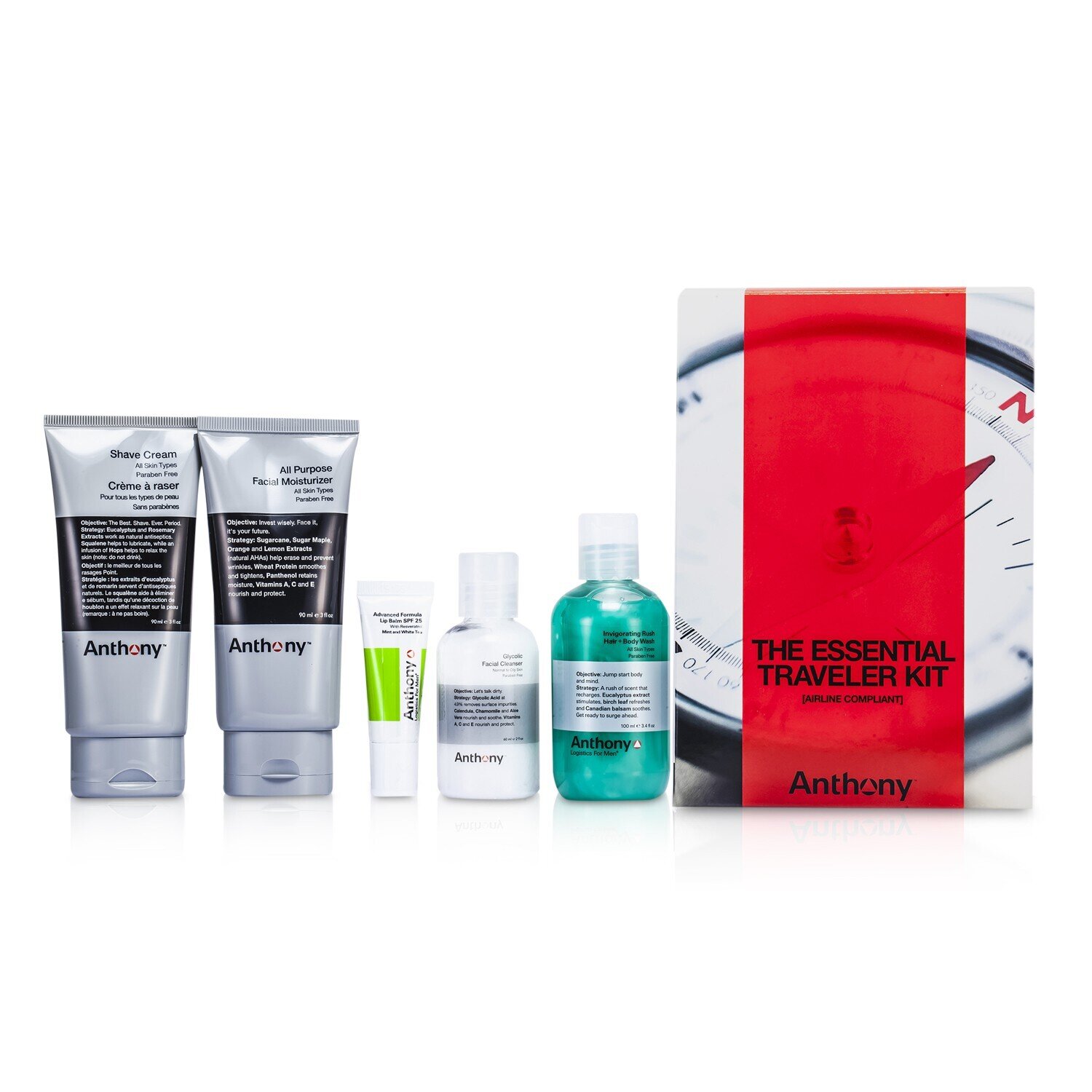 Anthony Logistics For Men The Essential Traveler Kit: Cleanser + Mositurizer + Lip Blam + Shave Cream + Hair & Body Wash 5pcs