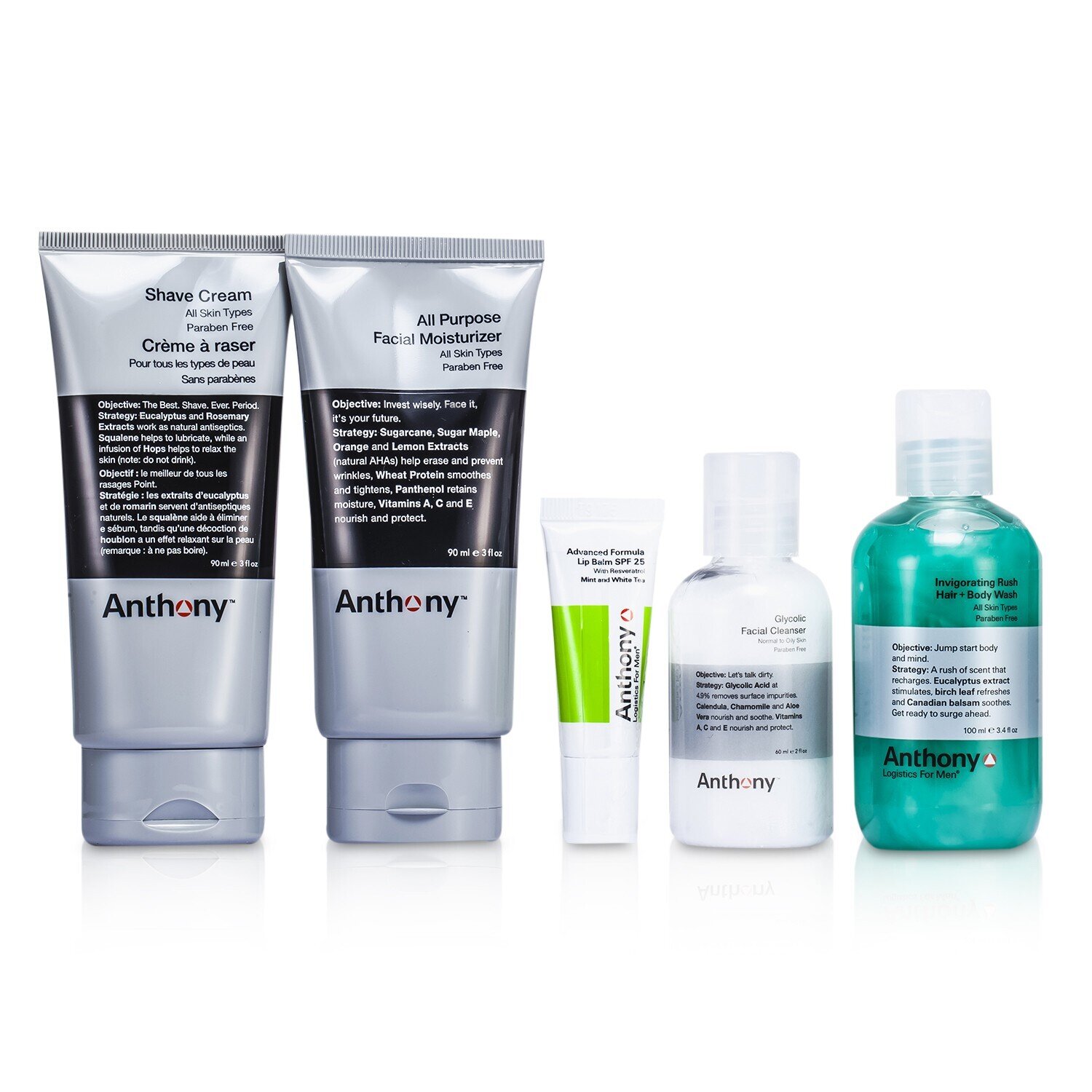 Anthony Logistics For Men The Essential Traveler Kit: Cleanser + Mositurizer + Lip Blam + Shave Cream + Hair & Body Wash 5pcs