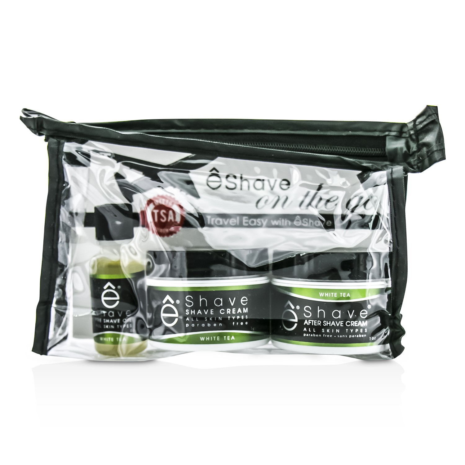 EShave On The Go Travel Kit (White Tea): Shave Cream 30g + After Shave Soother 30g + Pre Shave Oil 15g +TSA Bag 3pcs+1bag