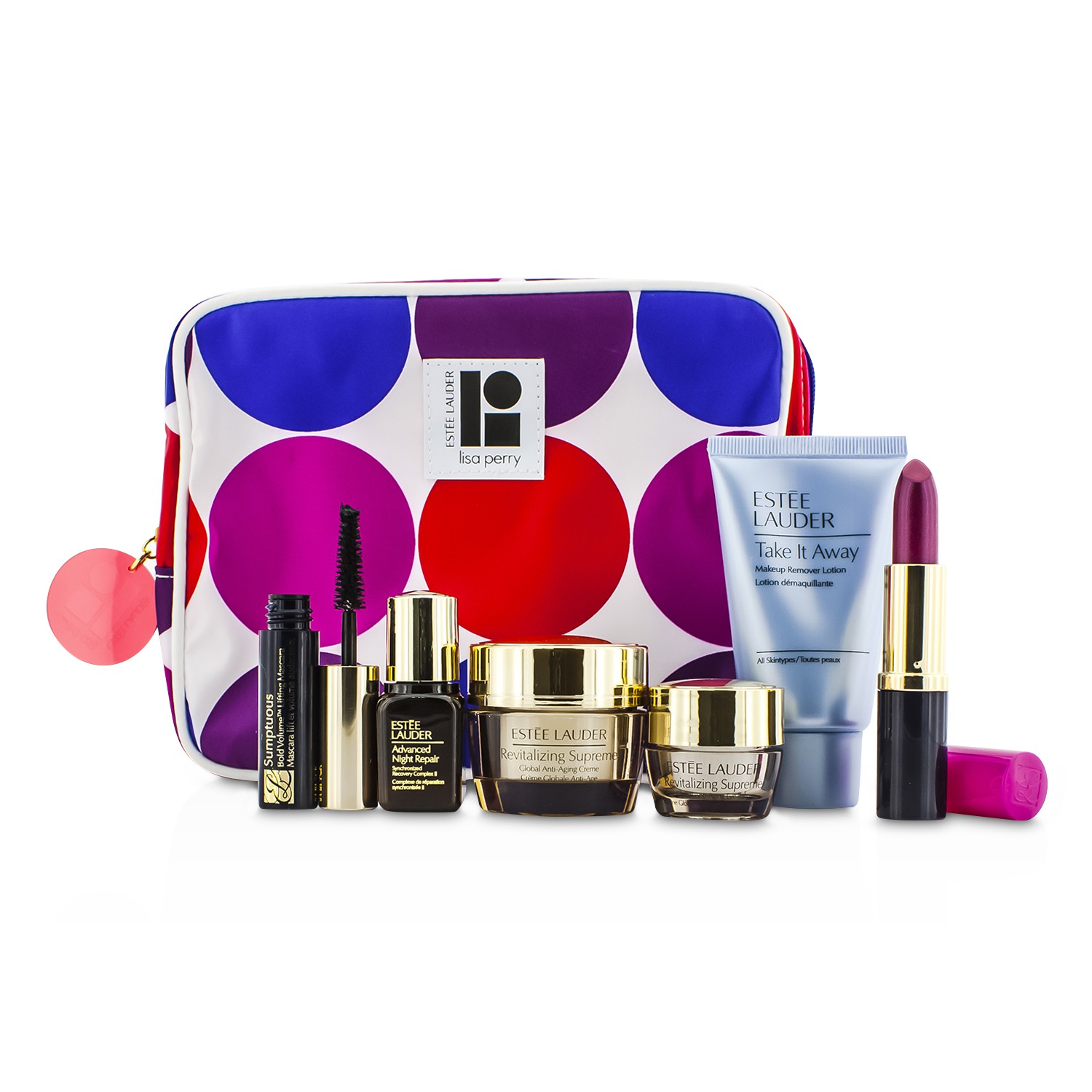 Estee Lauder Travel Set: Makeup Remover 30ml + Revitalizing Supreme Creme 15ml + Eye Balm 5ml + ANR II 7ml + Mascara 2.8ml + Lipstick #88 3.8g + Bag 6pcs+1bag