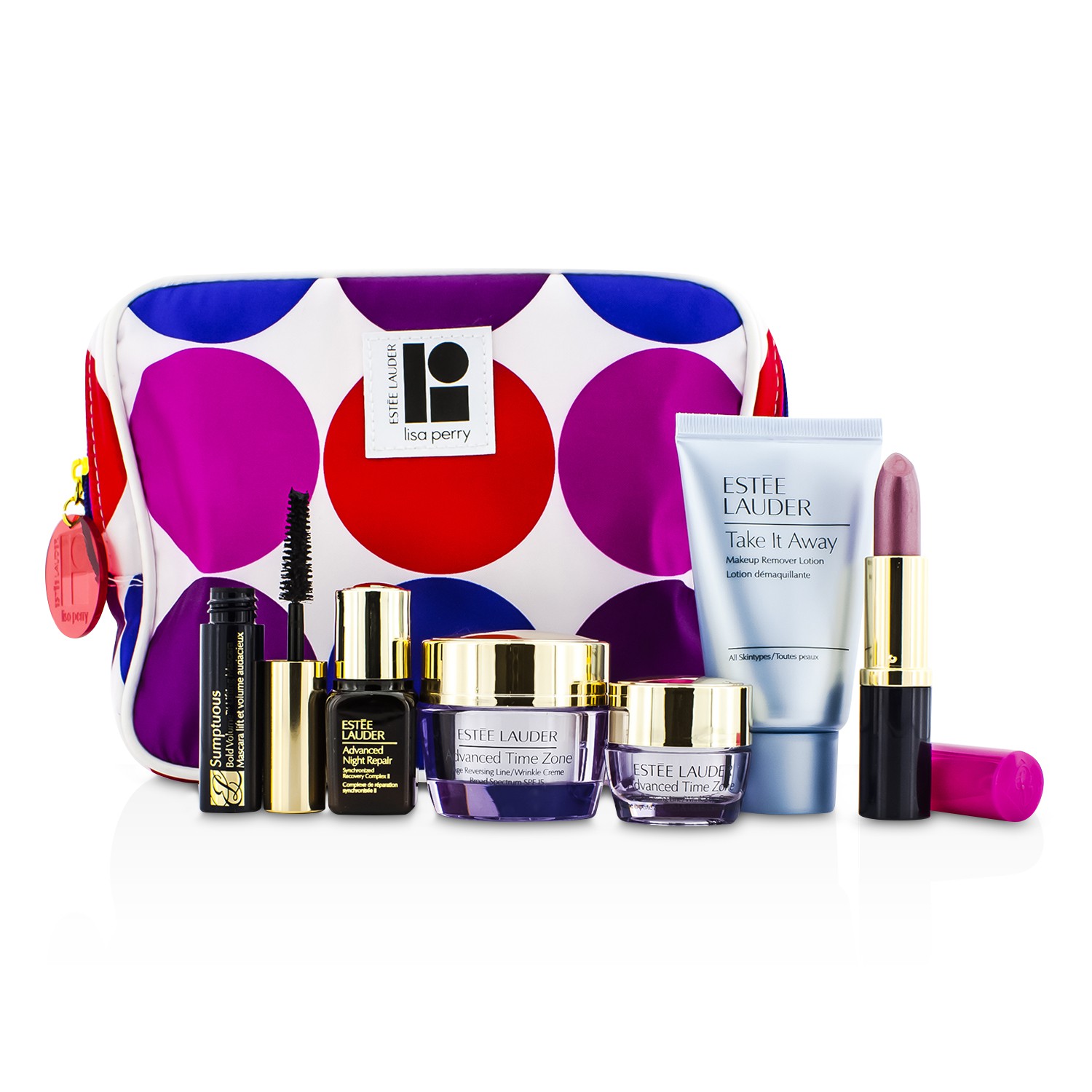 Estee Lauder Travel Set: Makeup Remover 30ml + Advanced Time Zone Creme 15ml + Eye Creme 5ml + ANR II 7ml + Mascara 2.8ml + Lipstick #61 3.8g + Bag 6pcs+1bag