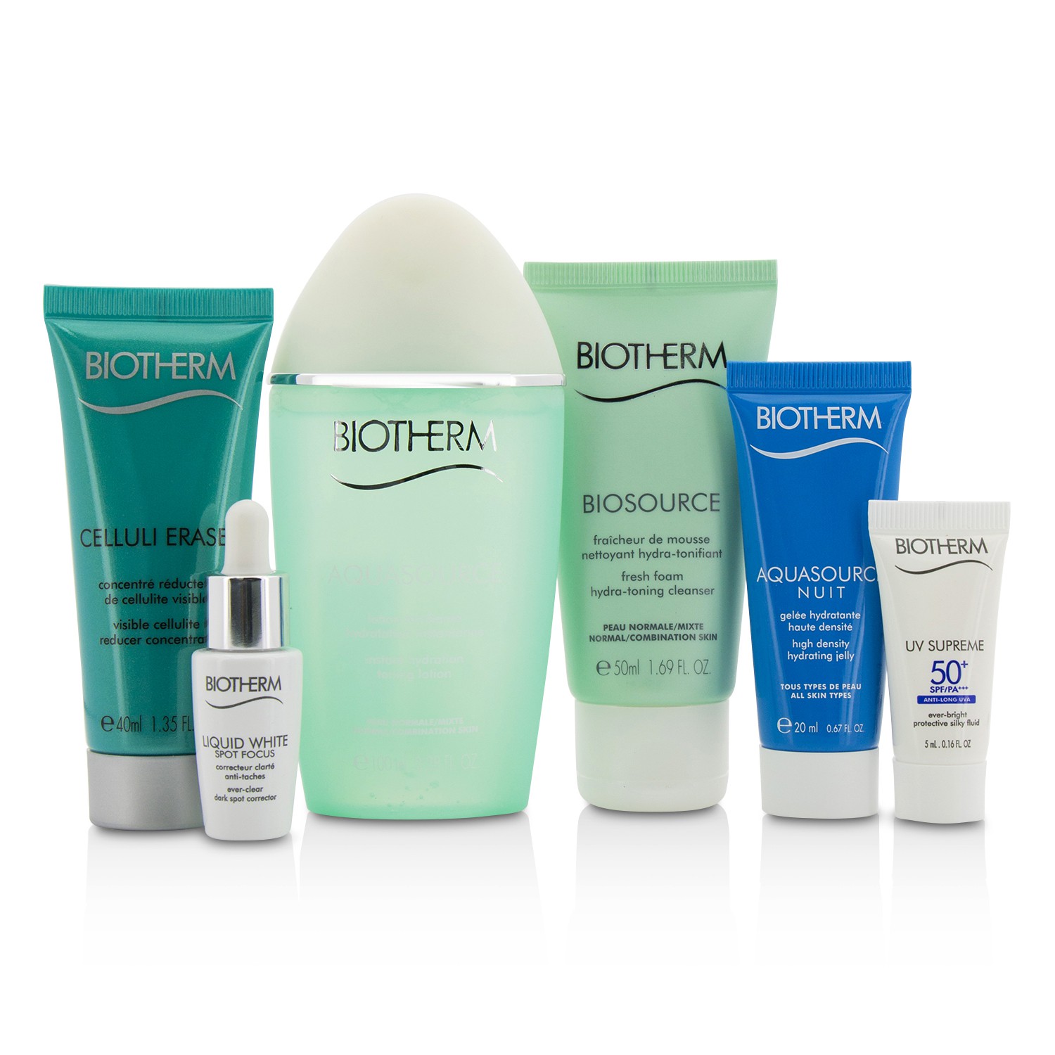 Biotherm Travel Set: Aquasource Lotion + Cleanser + Corrector + Celluli Eraser + UV Supreme + Aquasource Nuit Jelly + Bag 6pcs+1bag