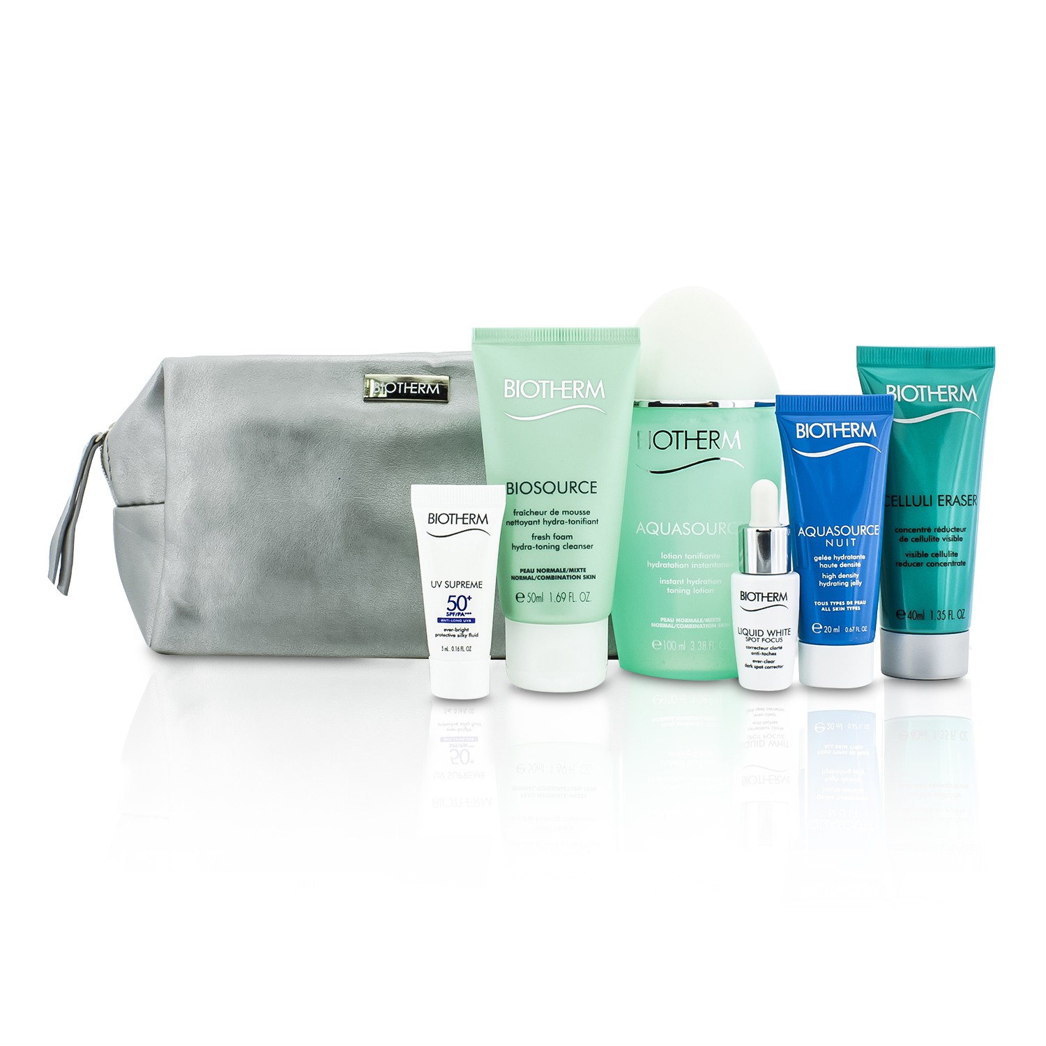 Biotherm Travel Set: Aquasource Lotion + Cleanser + Corrector + Celluli Eraser + UV Supreme + Aquasource Nuit Jelly + Bag 6pcs+1bag