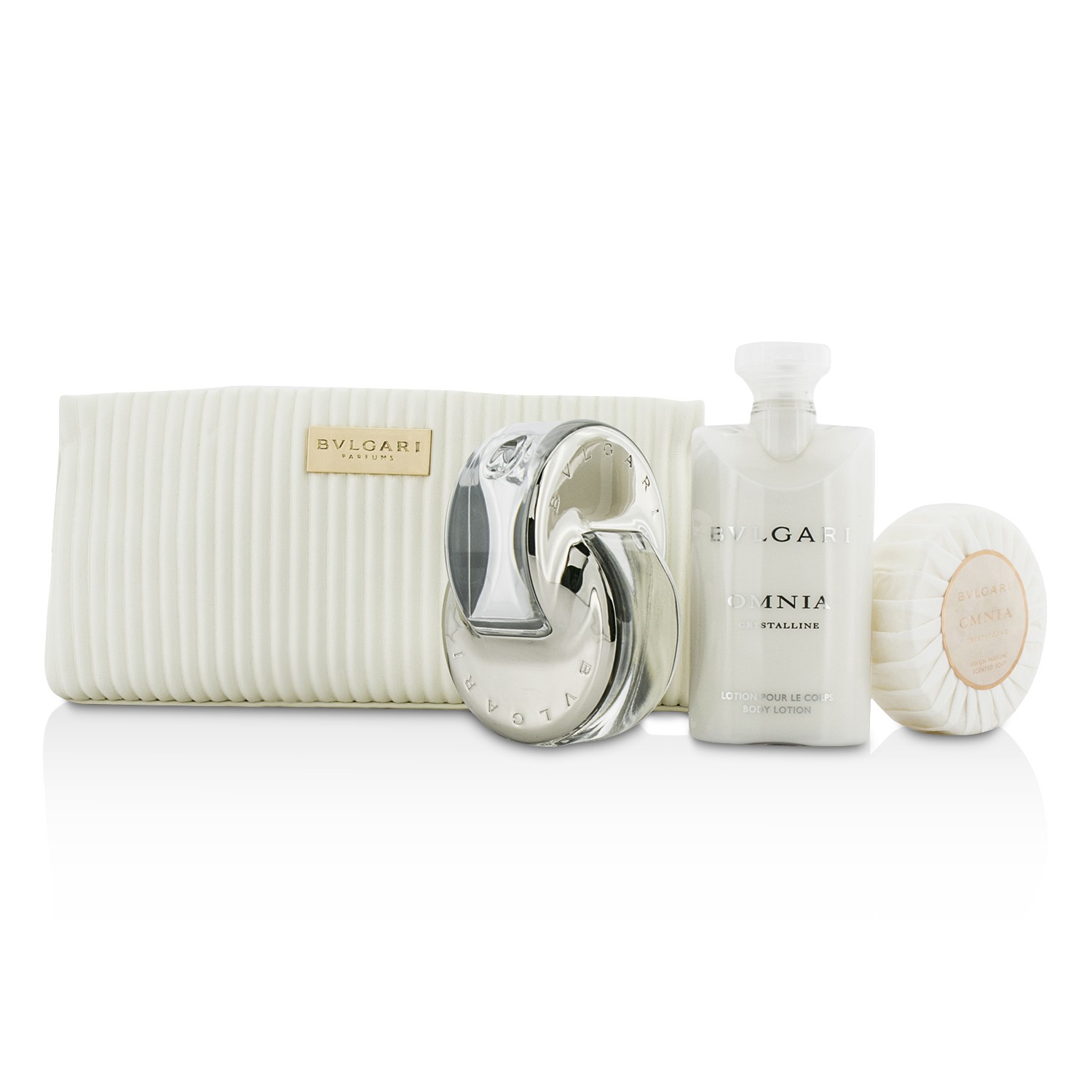 Bvlgari Omnia Crystalline Coffret: Eau De Toilette Spray - Semprot 65ml/2.2oz + Soap - Sabun 75g/2.6oz + Body Lotion - Losion Tubuh 75ml/2.5oz + Tas 3pcs+1pouch