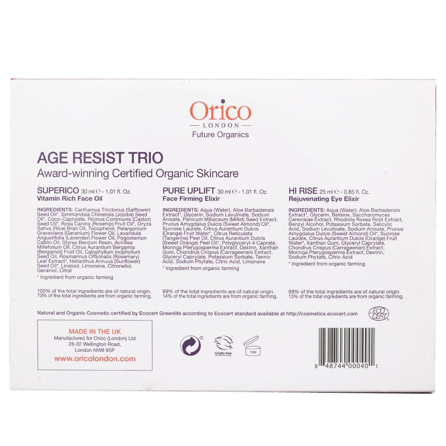 Orico London Age Resist Trio: Face Oil 30ml/1.01oz + Firming Elixir 30ml/1.01oz + Eye Elixir 25ml/0.85oz 3pcs