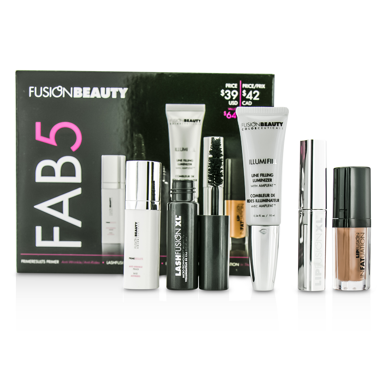 Fusion Beauty Set Fusion Beauty Fab5: 1x Primer, 1x Máscara, 1x Engrosador Labios, 1x Brillo Labios, 1x Iluminador Labios 5pcs