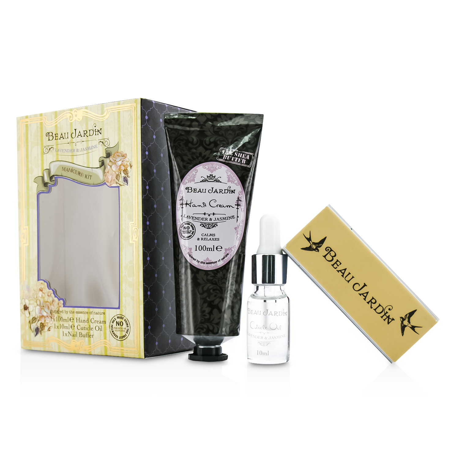 Heathcote & Ivory Beau Jardin Lavender & Jasmine Manicure Kit: Hand Cream 100ml/3.38oz + Cuticle Oil 10ml/0.33oz + Nail Buffer 3pcs