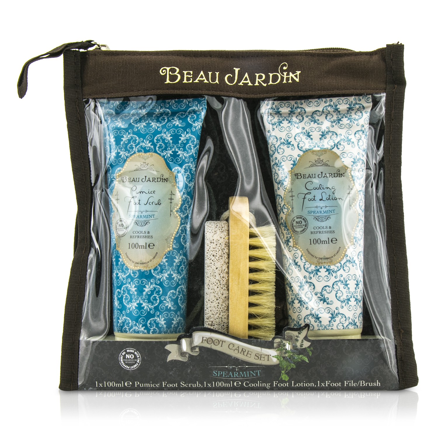 Heathcote & Ivory Beau Jardin Spearmint Foot Care Set: Pumice Foot Scrub 100ml/3.38oz + Foot Lotion 100ml/3.38oz + Foot File/Brush 3pcs