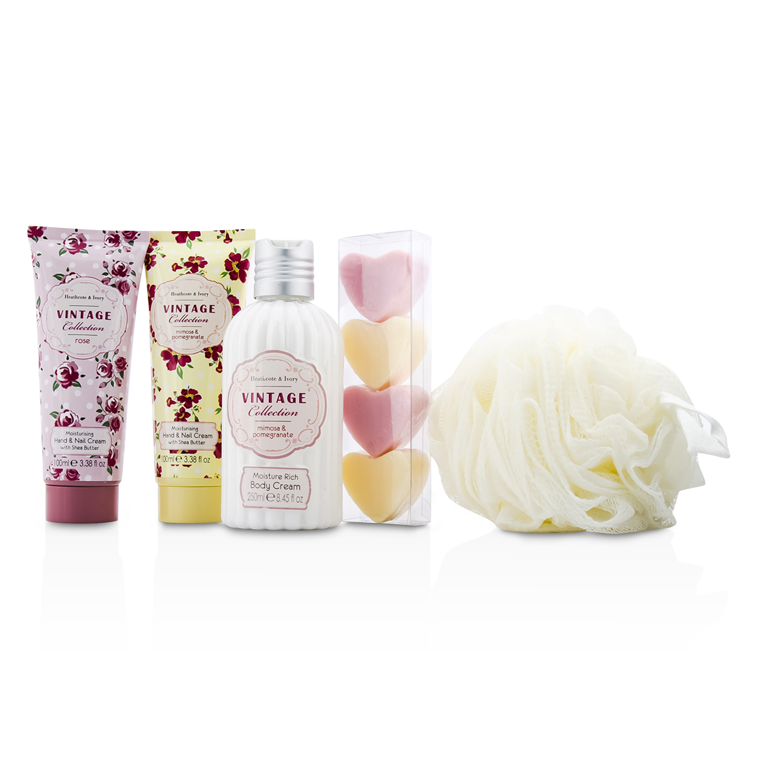 Heathcote & Ivory Vintage Enchanted Birdcage with Assorted Pampering Treats: 2x Hand Cream 100ml/3.38oz + Body Cream 250ml/8.45oz + 4x Heart Soap 18g + Puff 8pcs