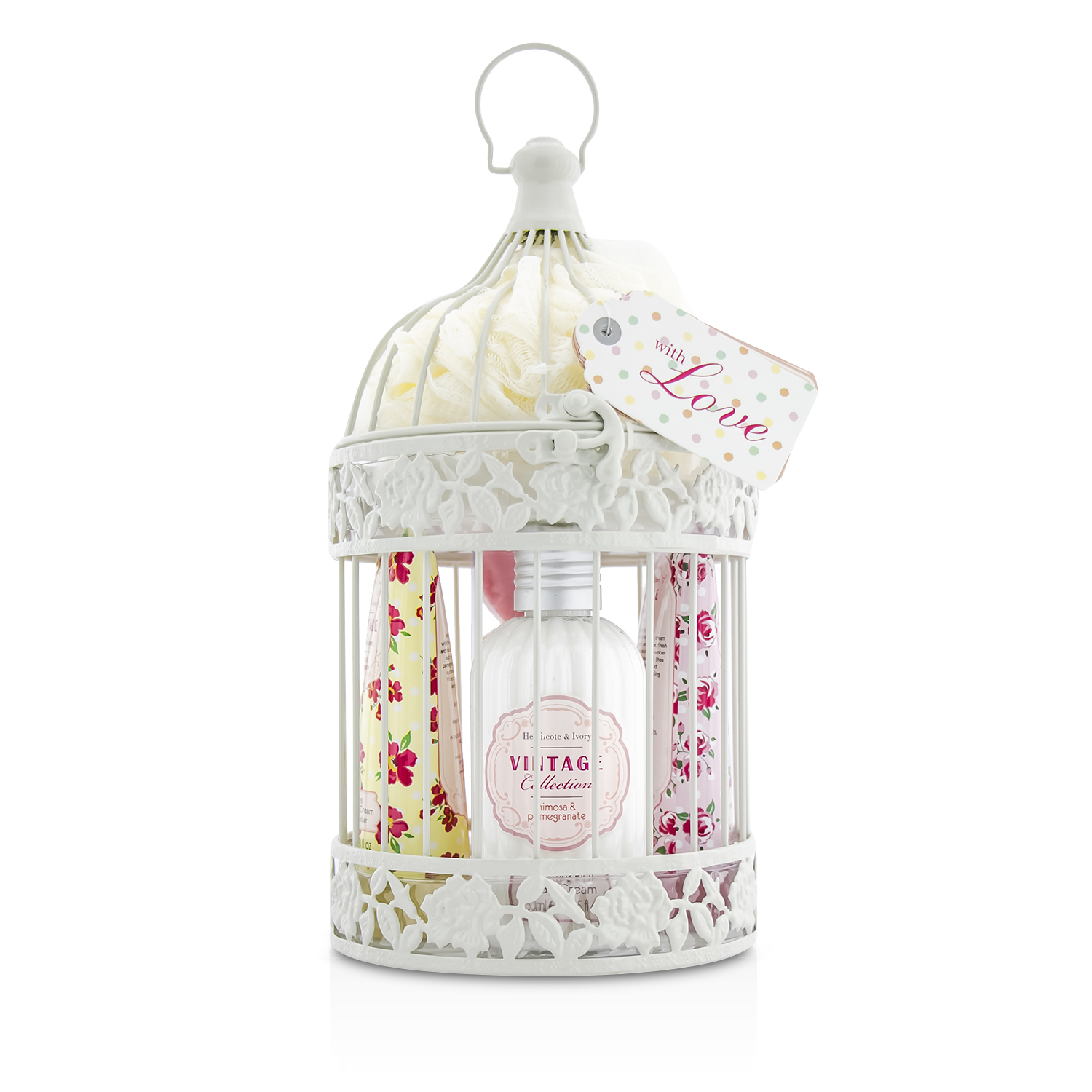 Heathcote & Ivory Vintage Enchanted Birdcage with Assorted Pampering Treats: 2x Hand Cream 100ml/3.38oz + Body Cream 250ml/8.45oz + 4x Heart Soap 18g + Puff 8pcs